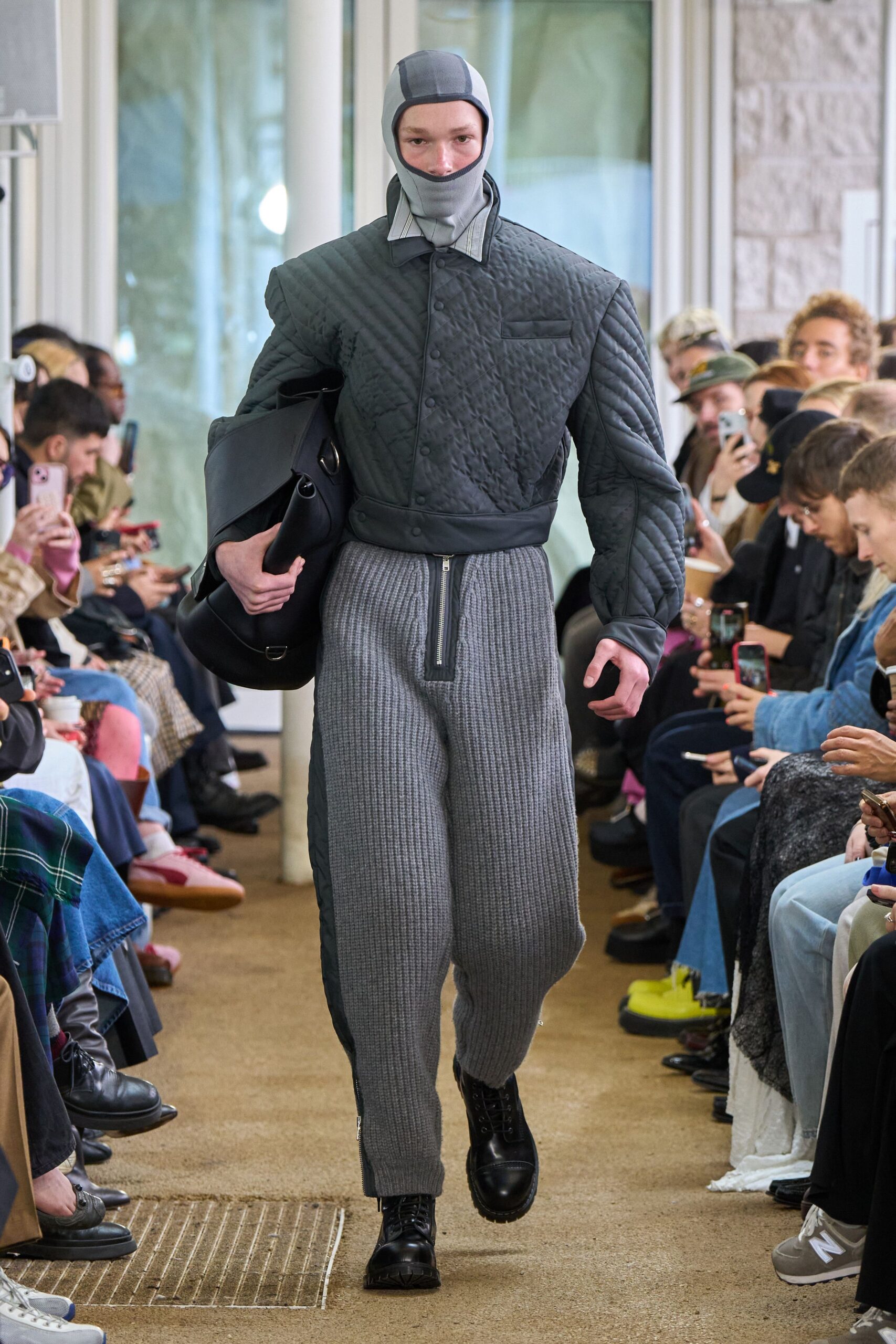 gray long-sleeve collared structured quilted zippered jacket
