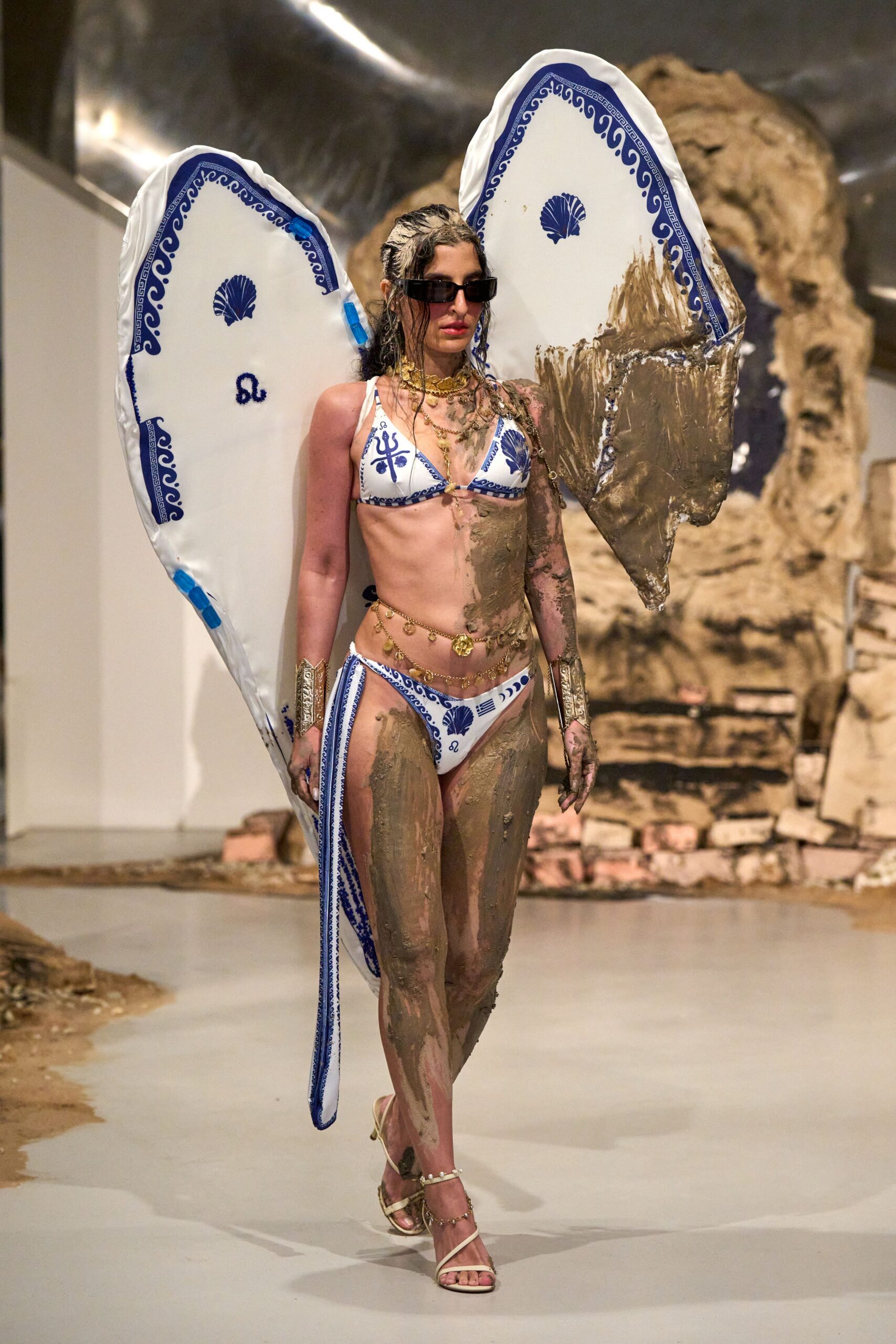 white blue printed bikini with cape