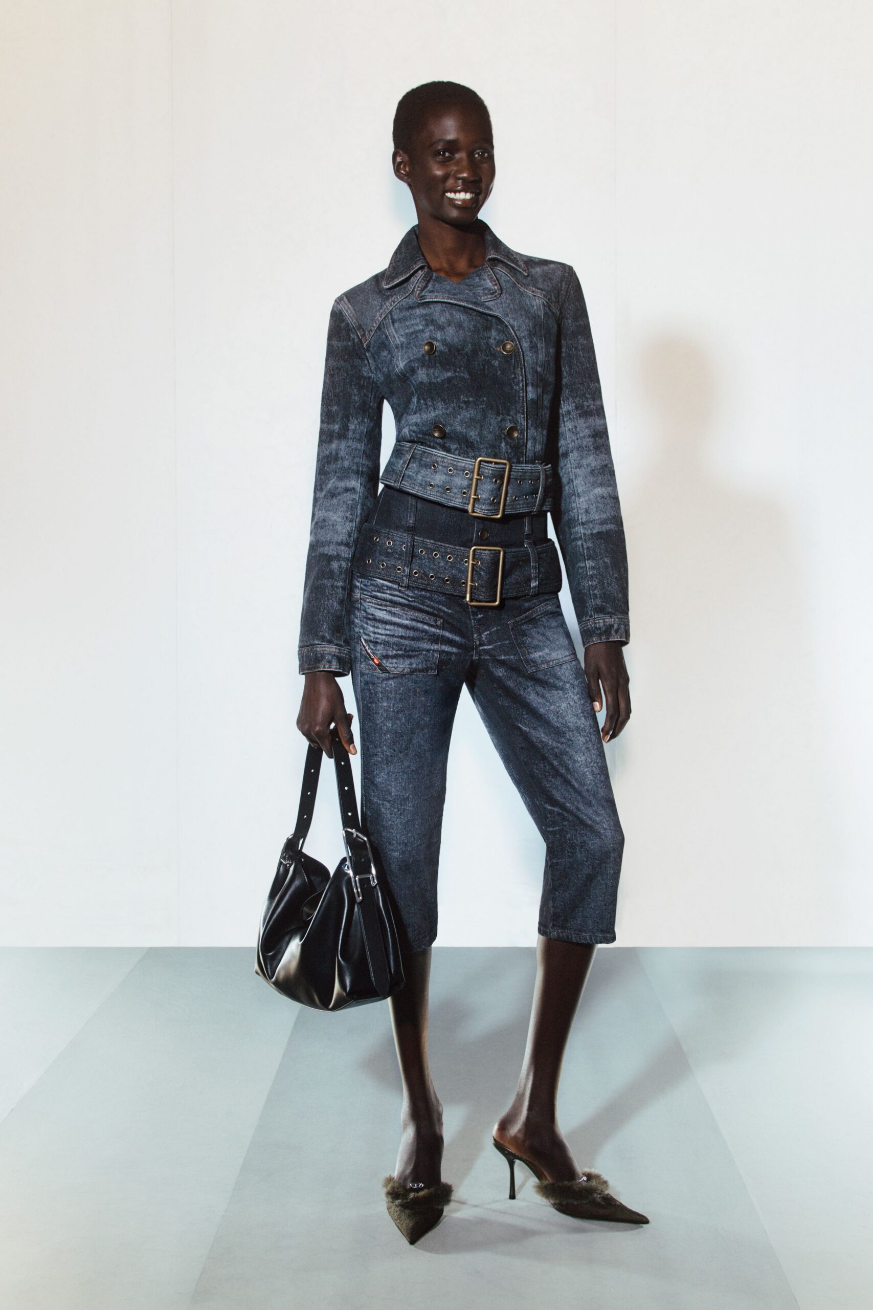 blue denim long-sleeve collared fitted buttoned zippered jacket