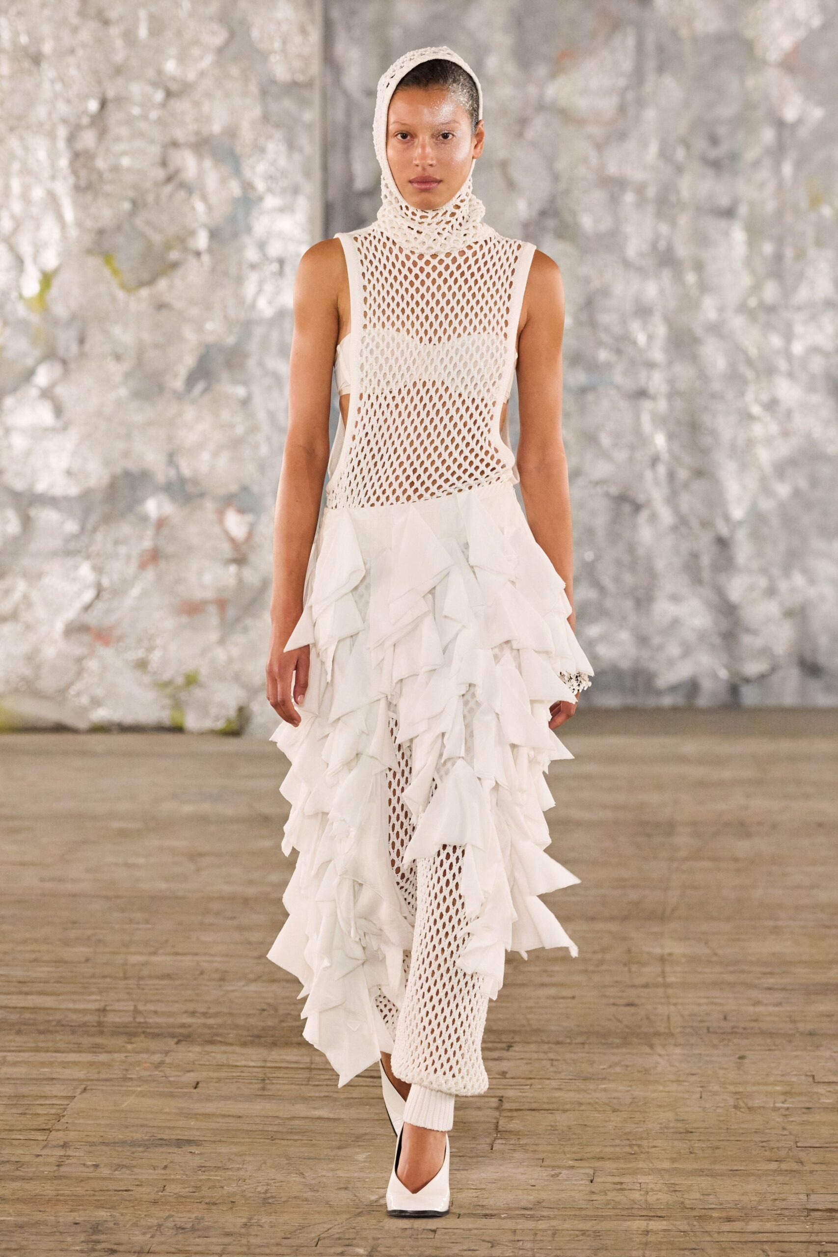 white ruffled midi dress with shoes
