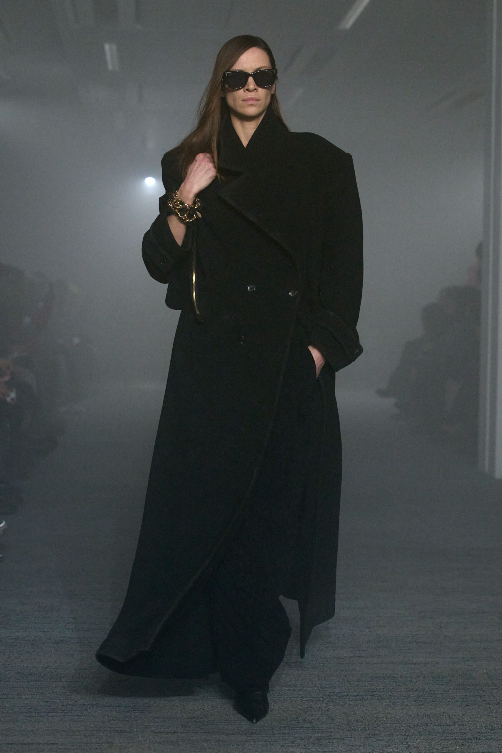 black wool long-sleeve v-neck fitted pleated maxi dress