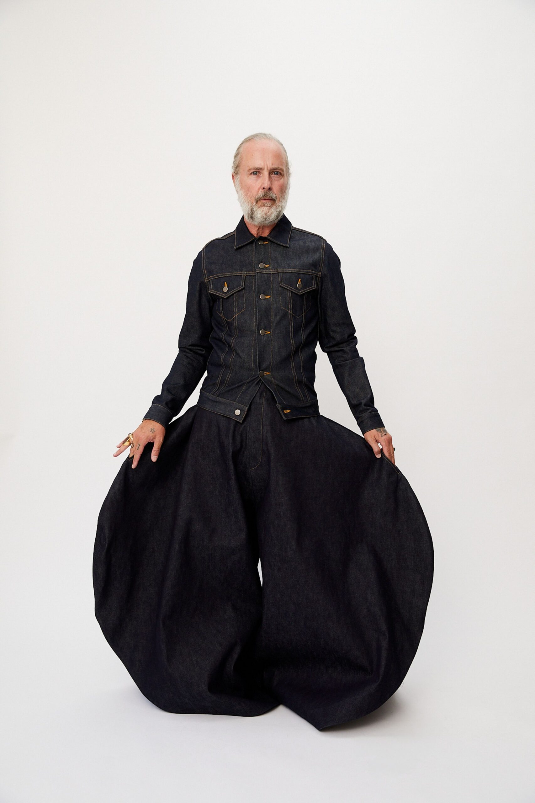 blue denim jacket and wide-leg pants