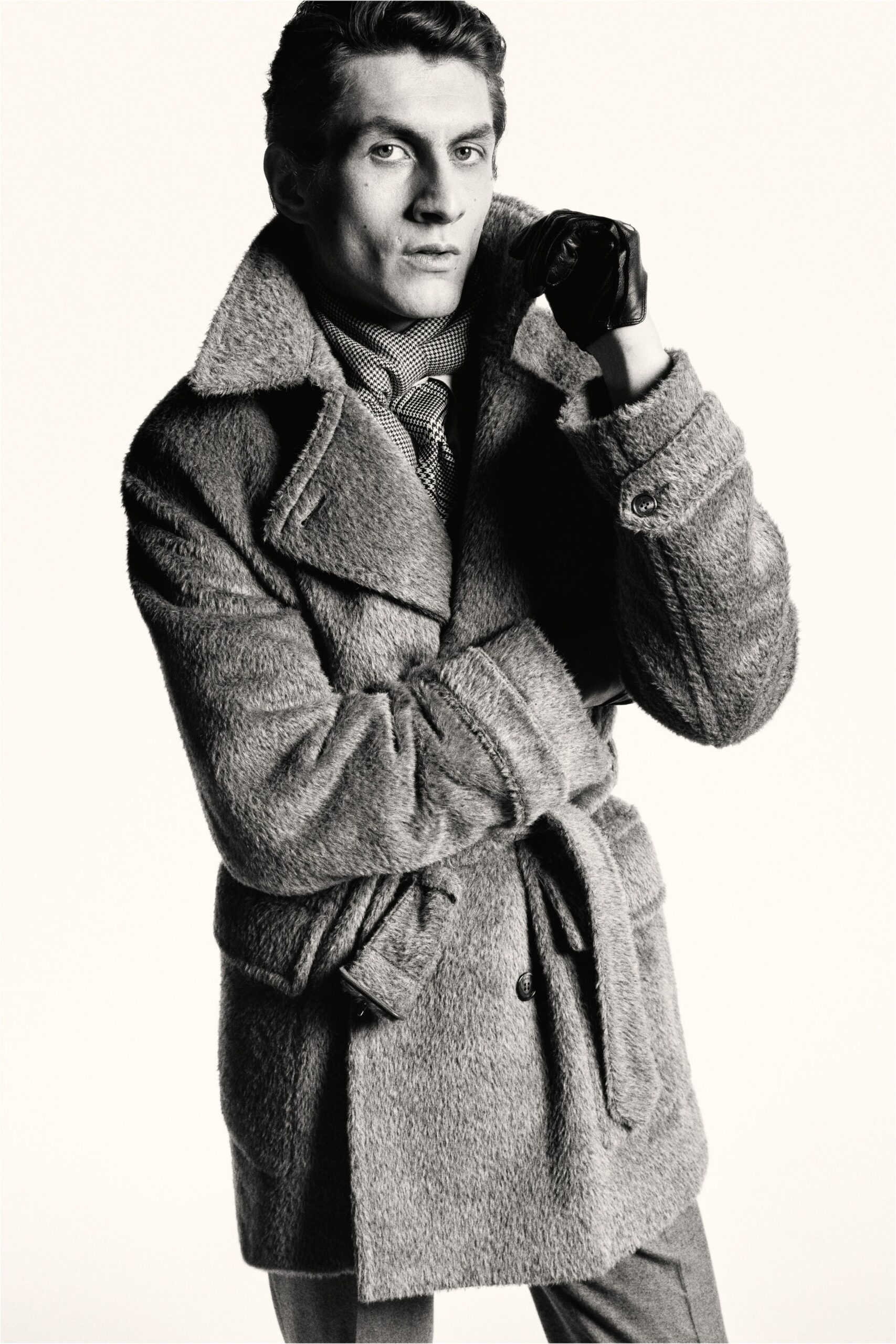 gray wool coat with gloves