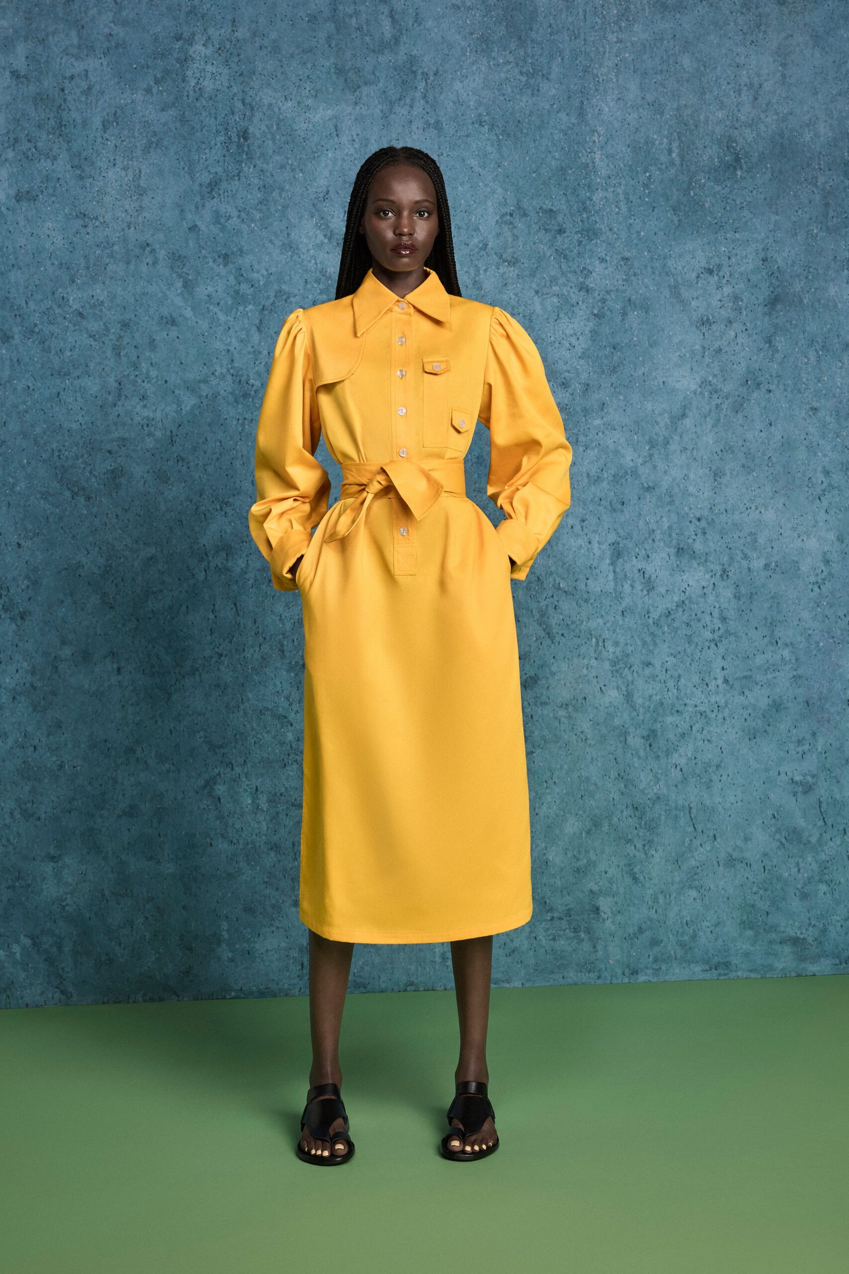 yellow cotton long-sleeve collared fitted belted buttoned dress