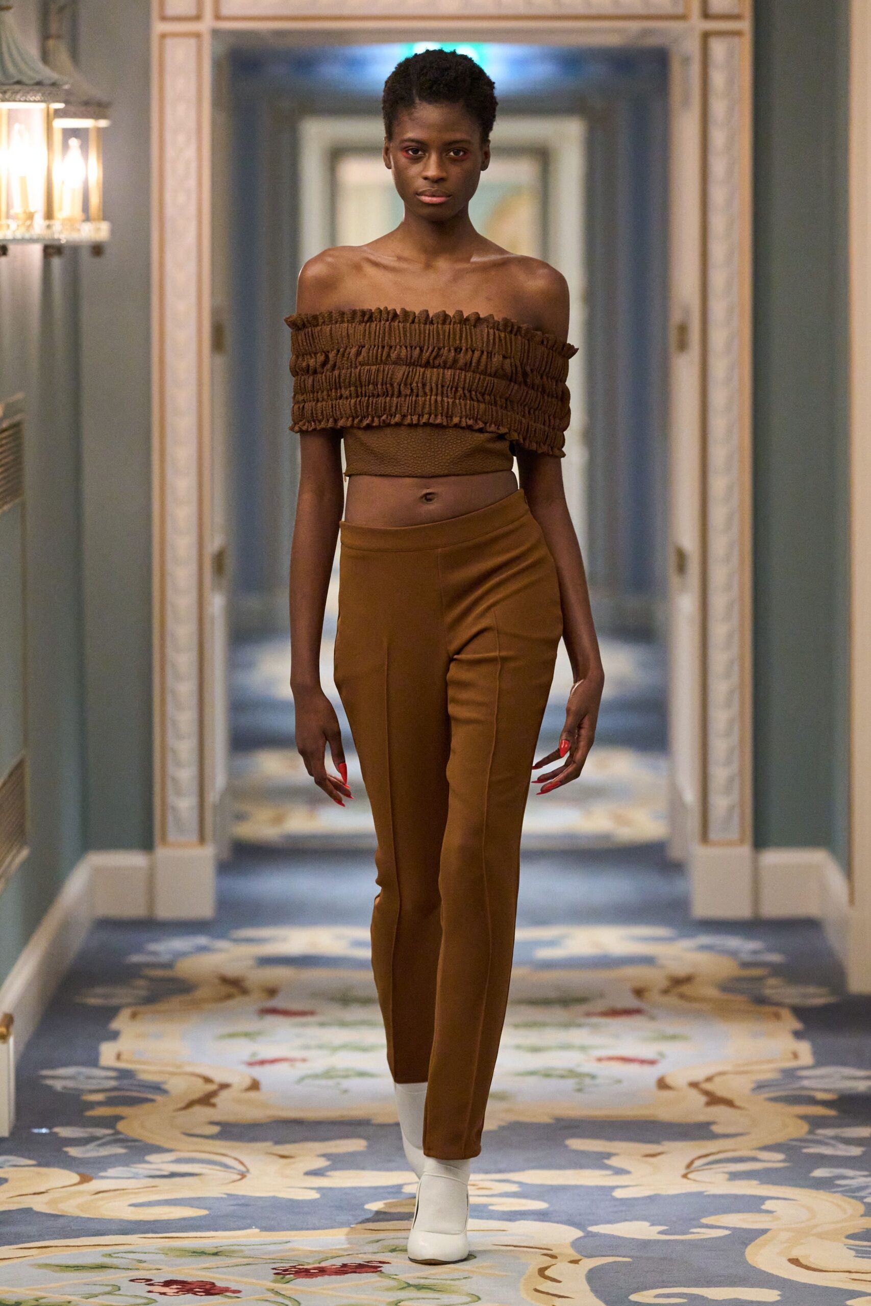 brown cotton sleeveless off-shoulder fitted ruffled top