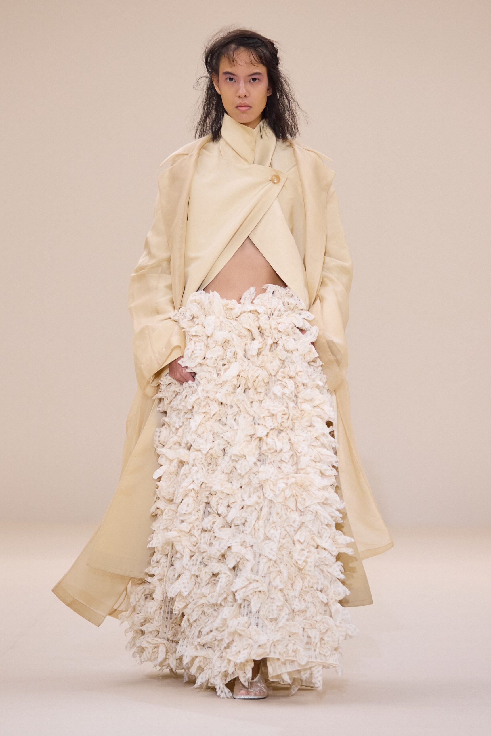 beige silk coat and white ruffled skirt