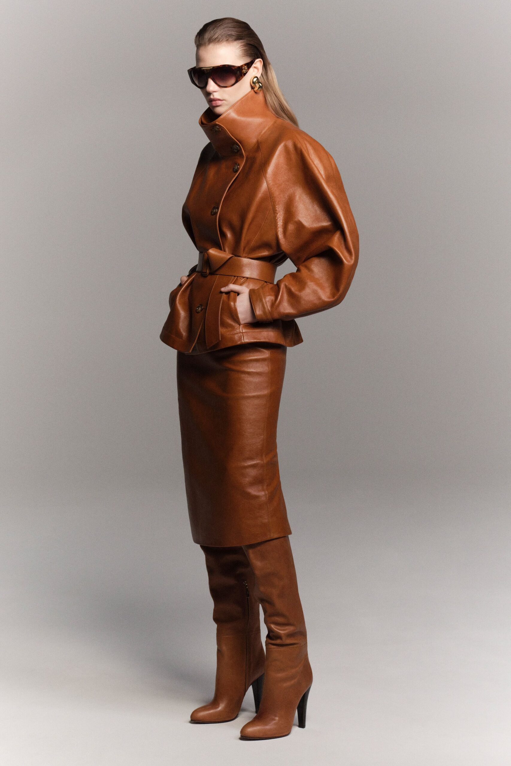 brown leather long-sleeve collared structured belted jacket