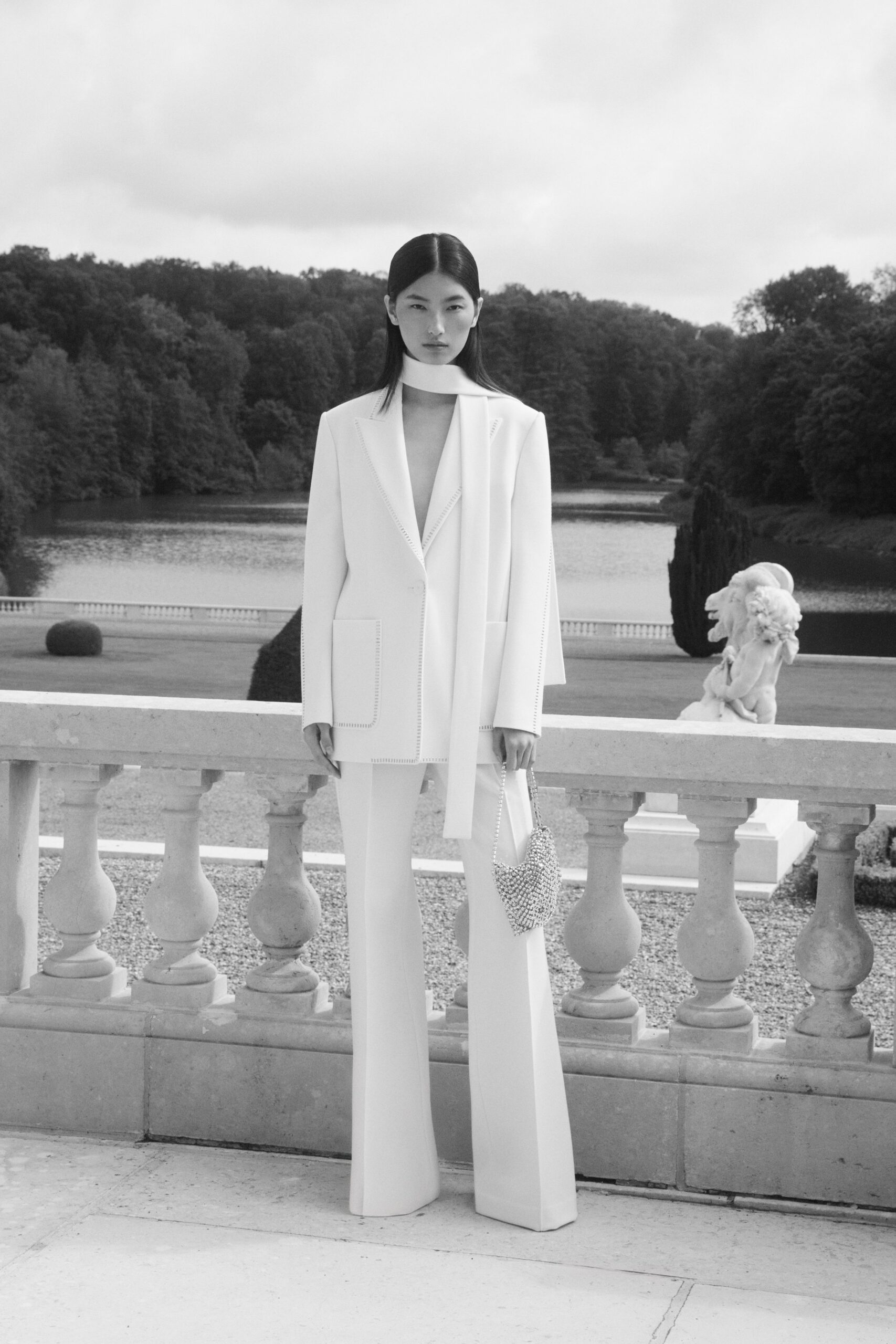 white cotton long-sleeve collared tailored buttoned flared suit