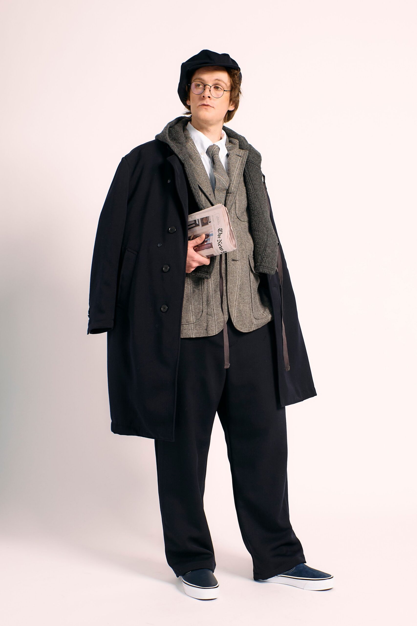 black wool coat with gray vest