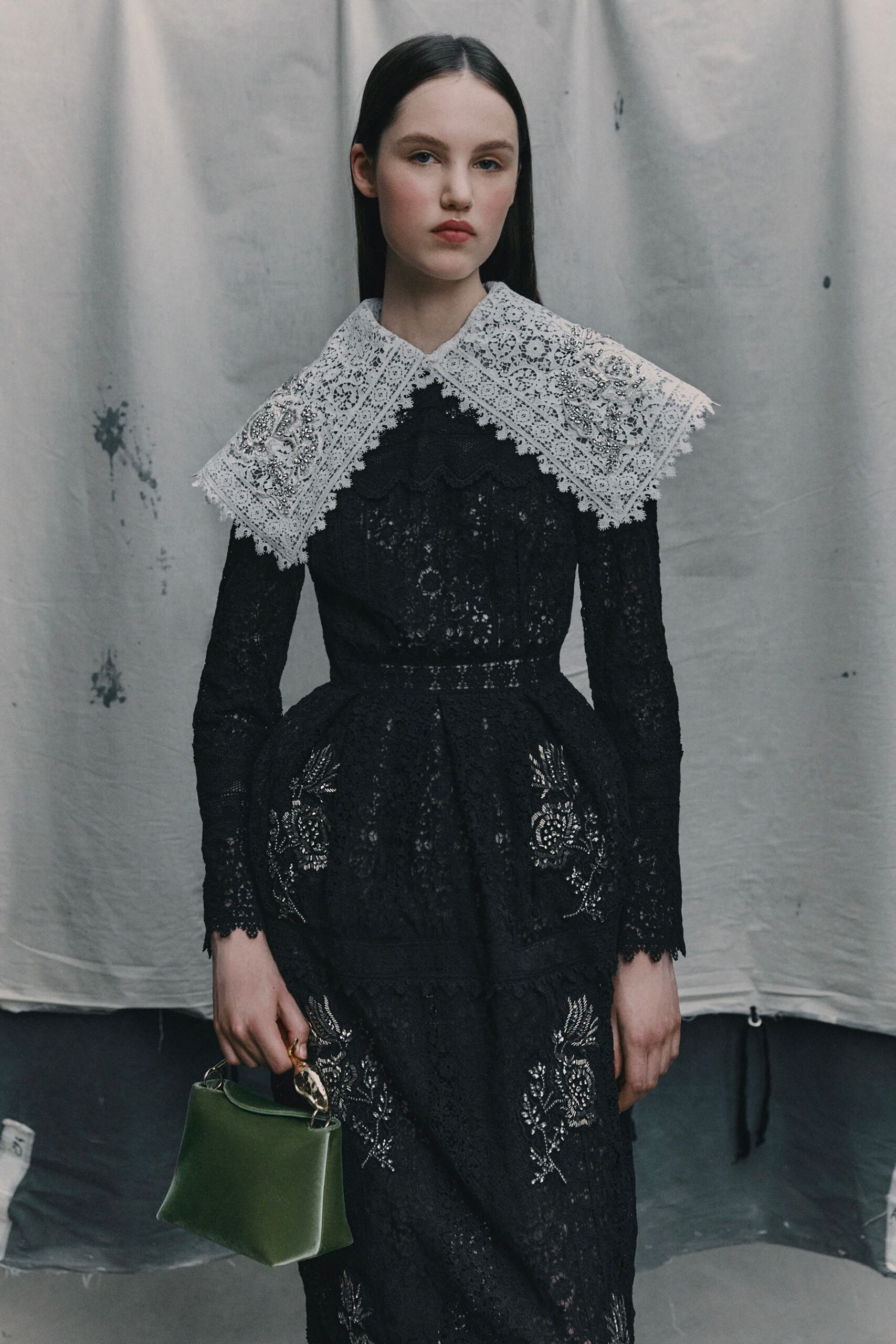 black lace long-sleeve collared fitted embroidered tiered dress