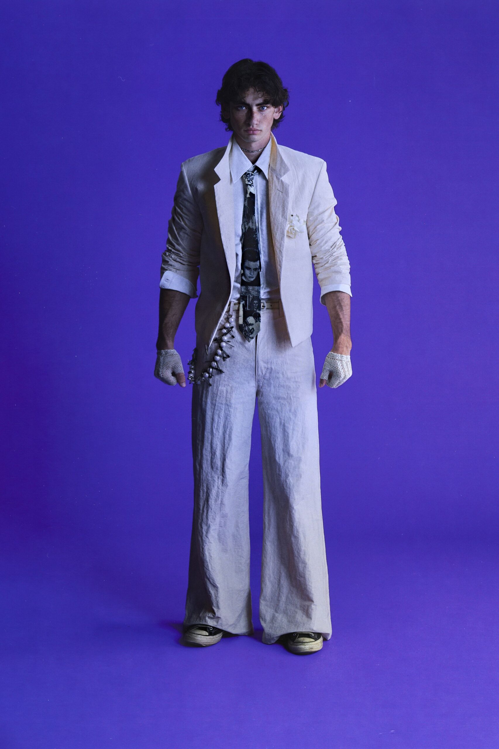 white tailored suit with wide-leg pants