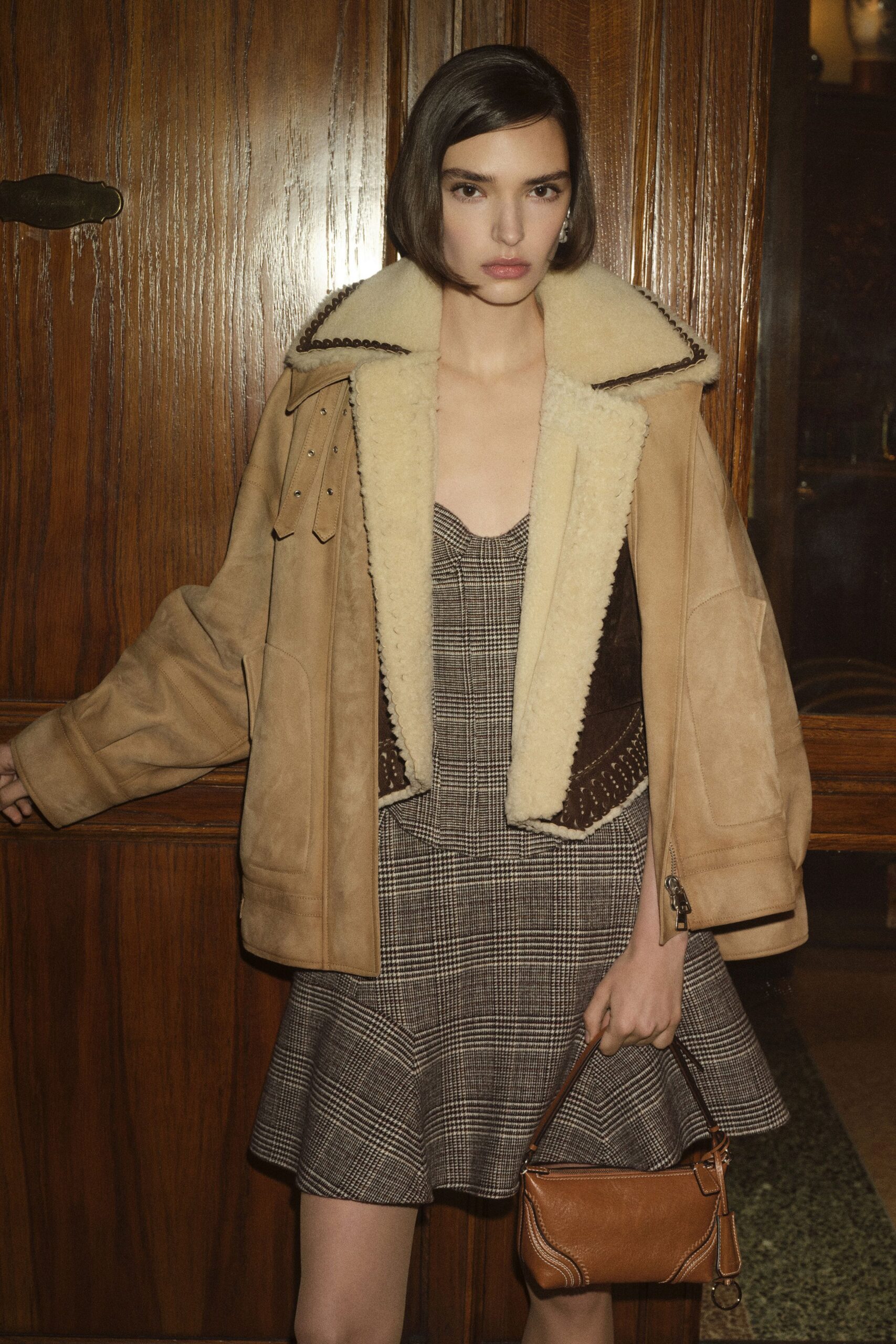 beige suede long-sleeve collared relaxed zippered coat