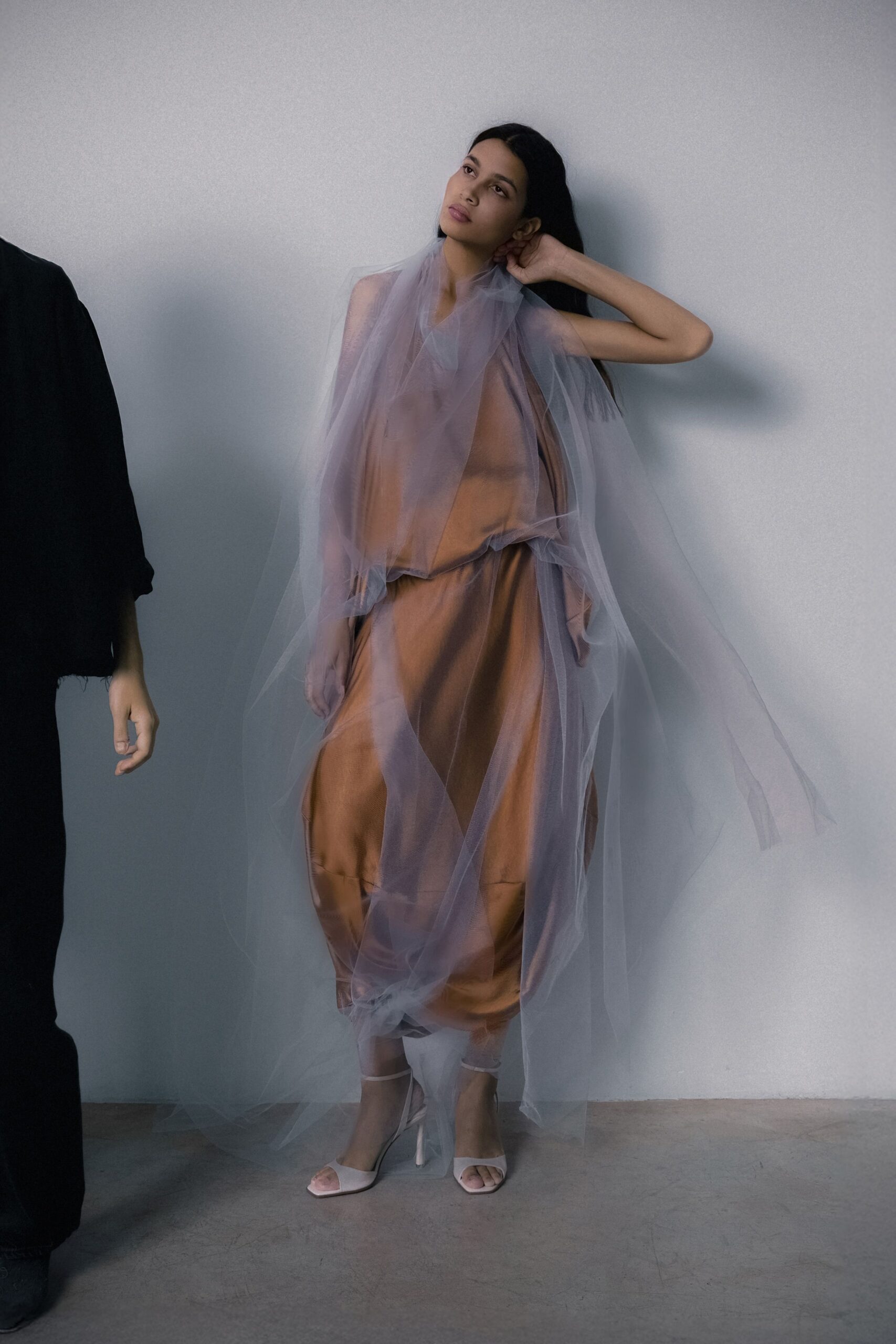brown silk sleeveless relaxed draped flowing midi dress