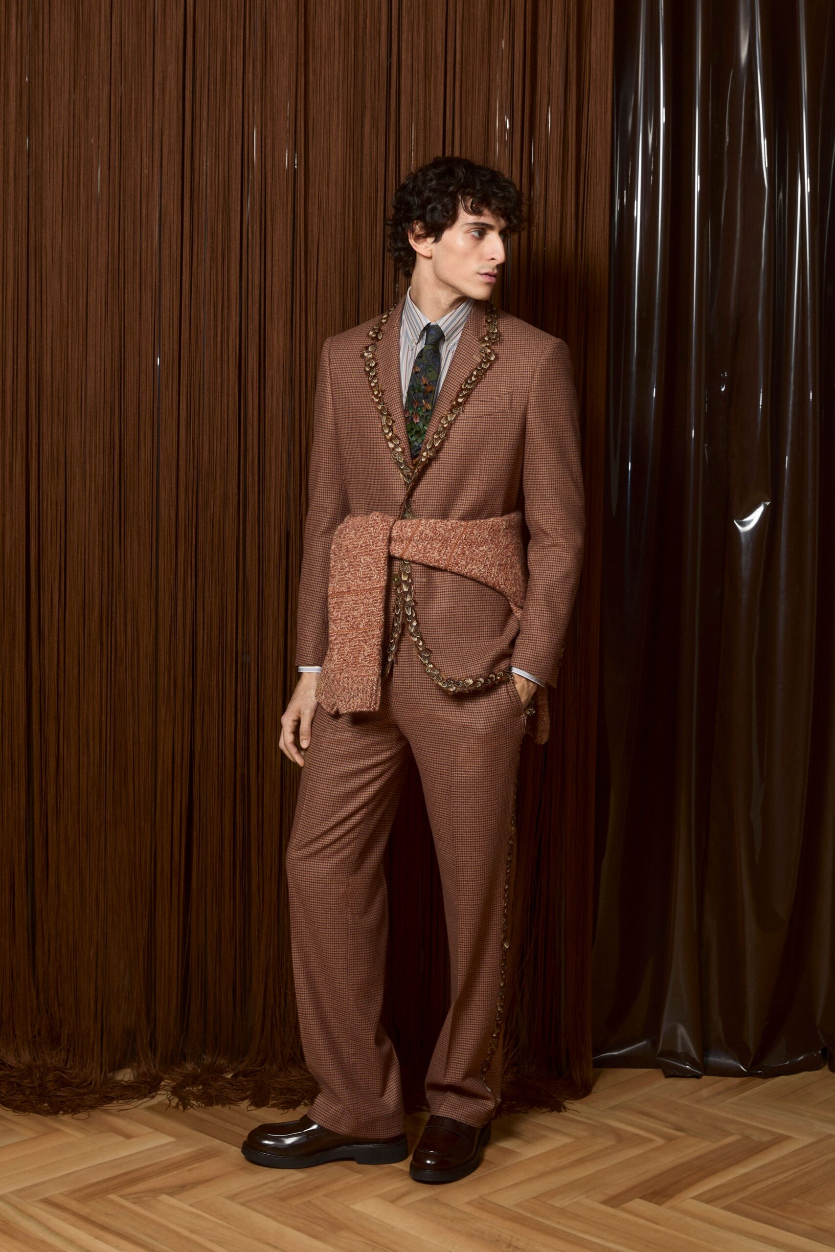 brown tailored suit with belt