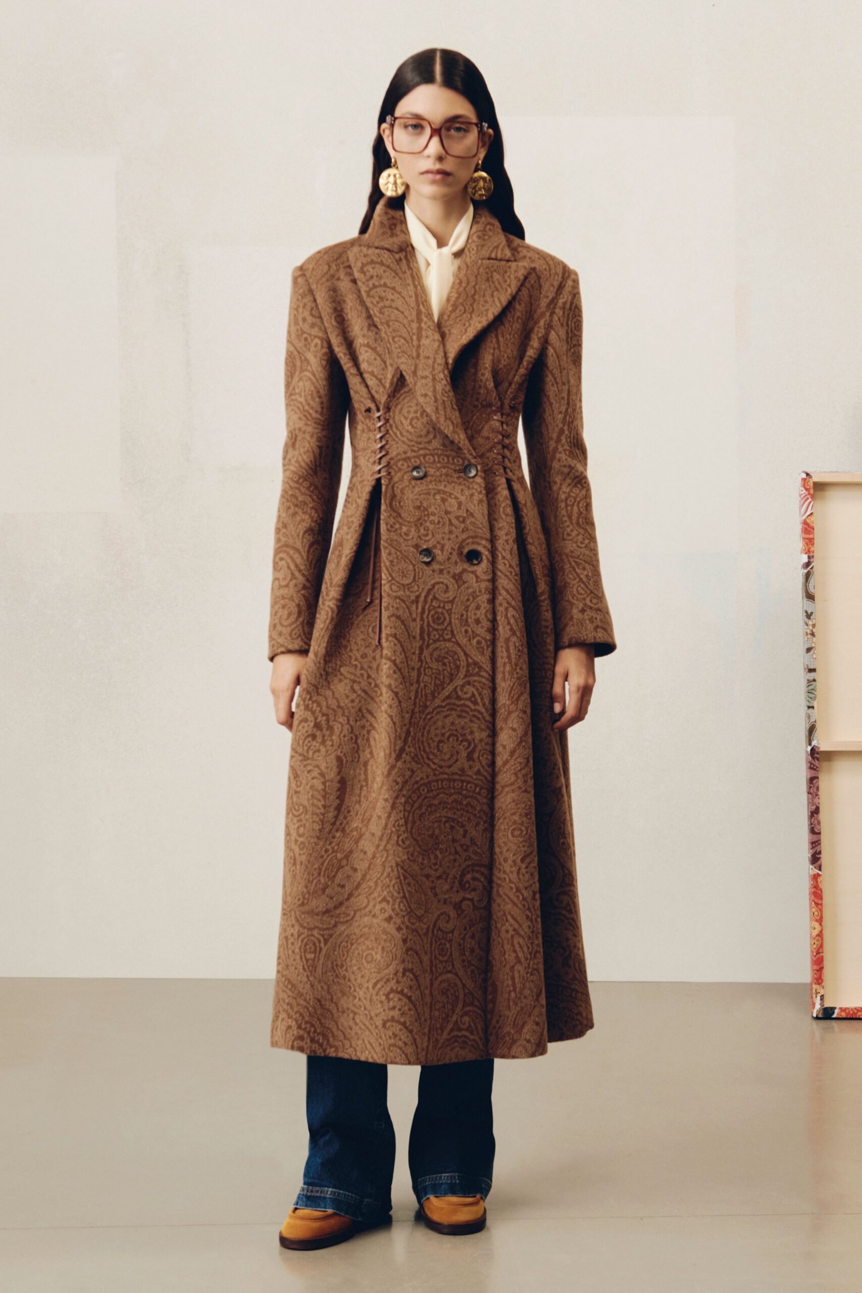 brown wool long-sleeve collared fitted embroidered maxi coat