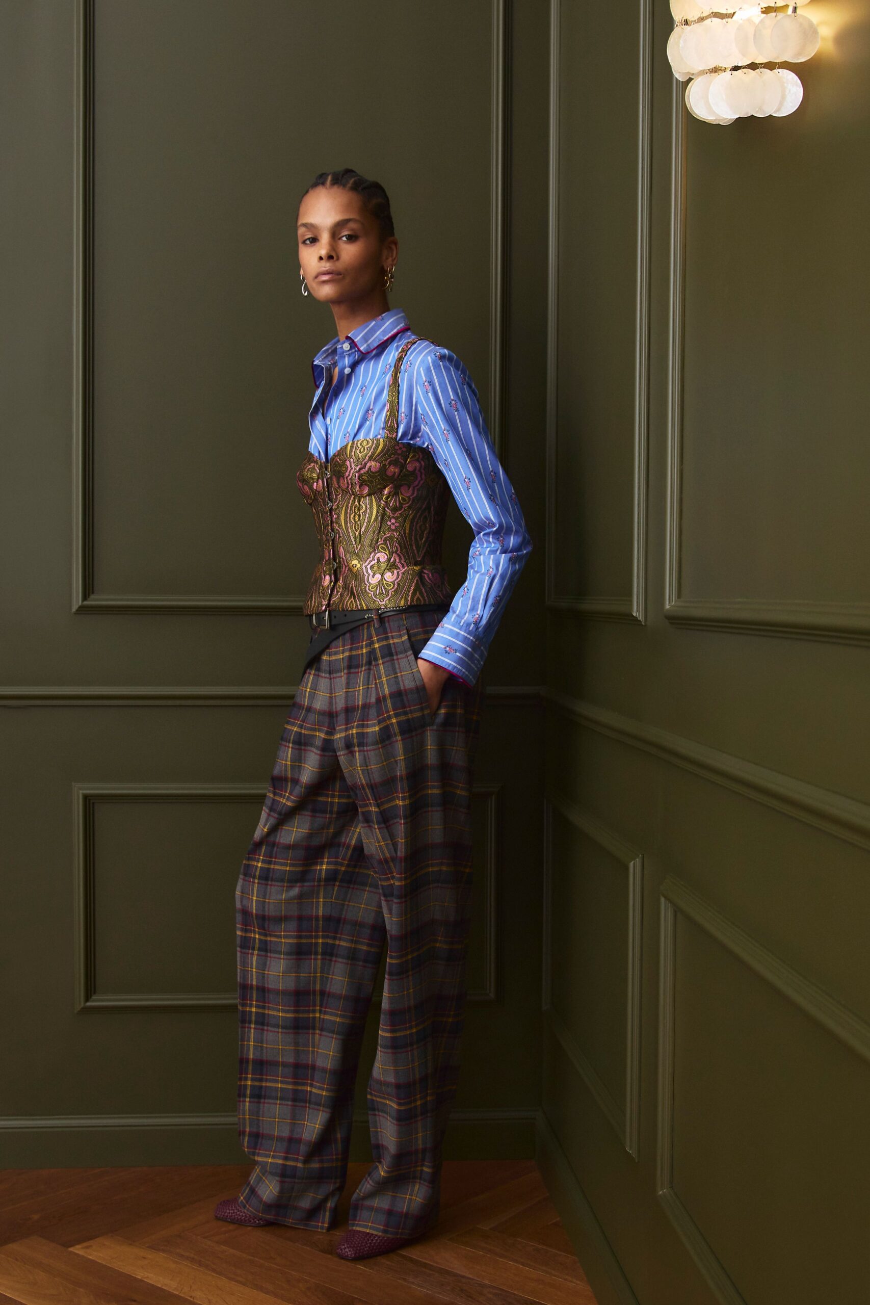 blue shirt brown corset plaid pants