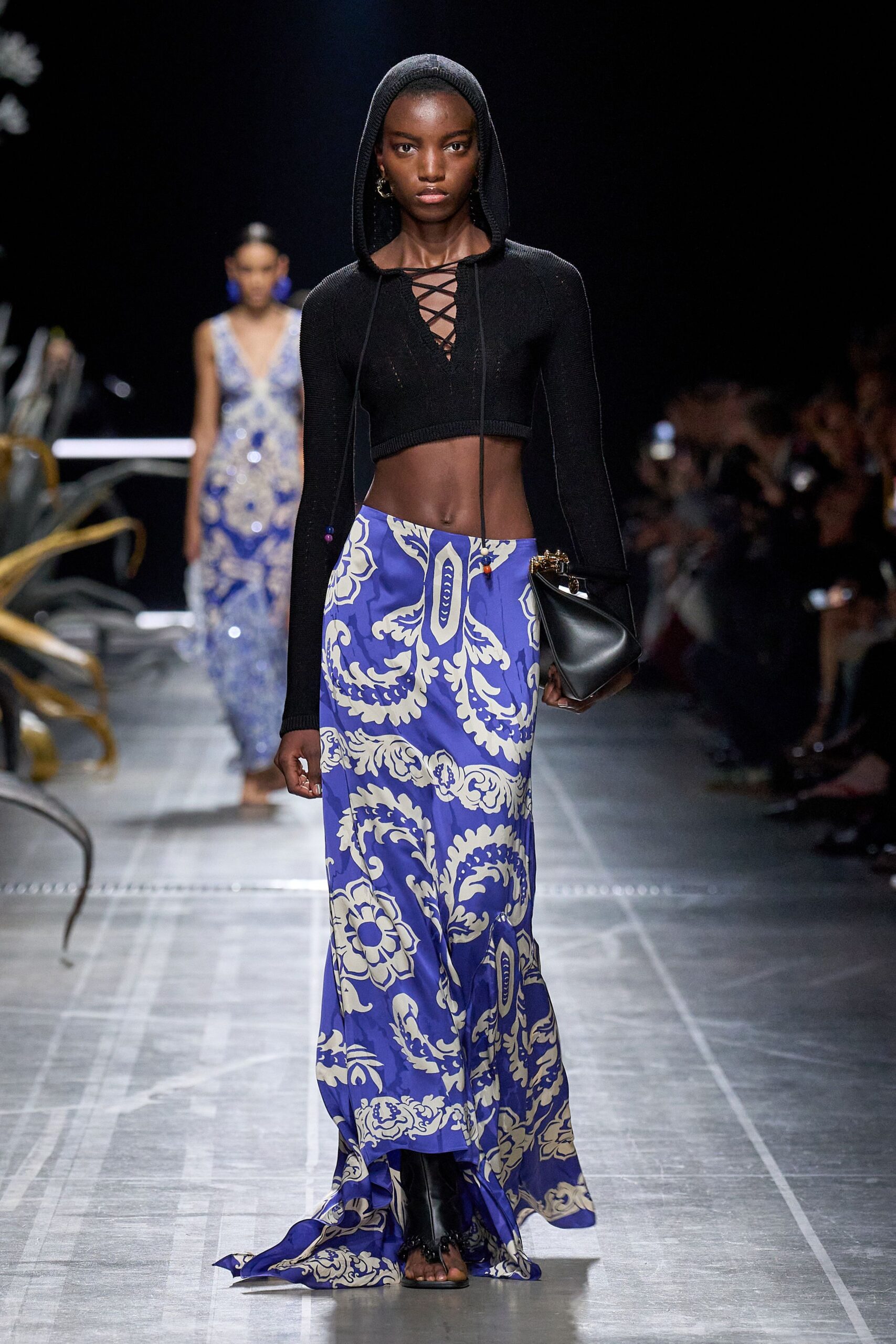 blue silk fitted flared maxi skirt