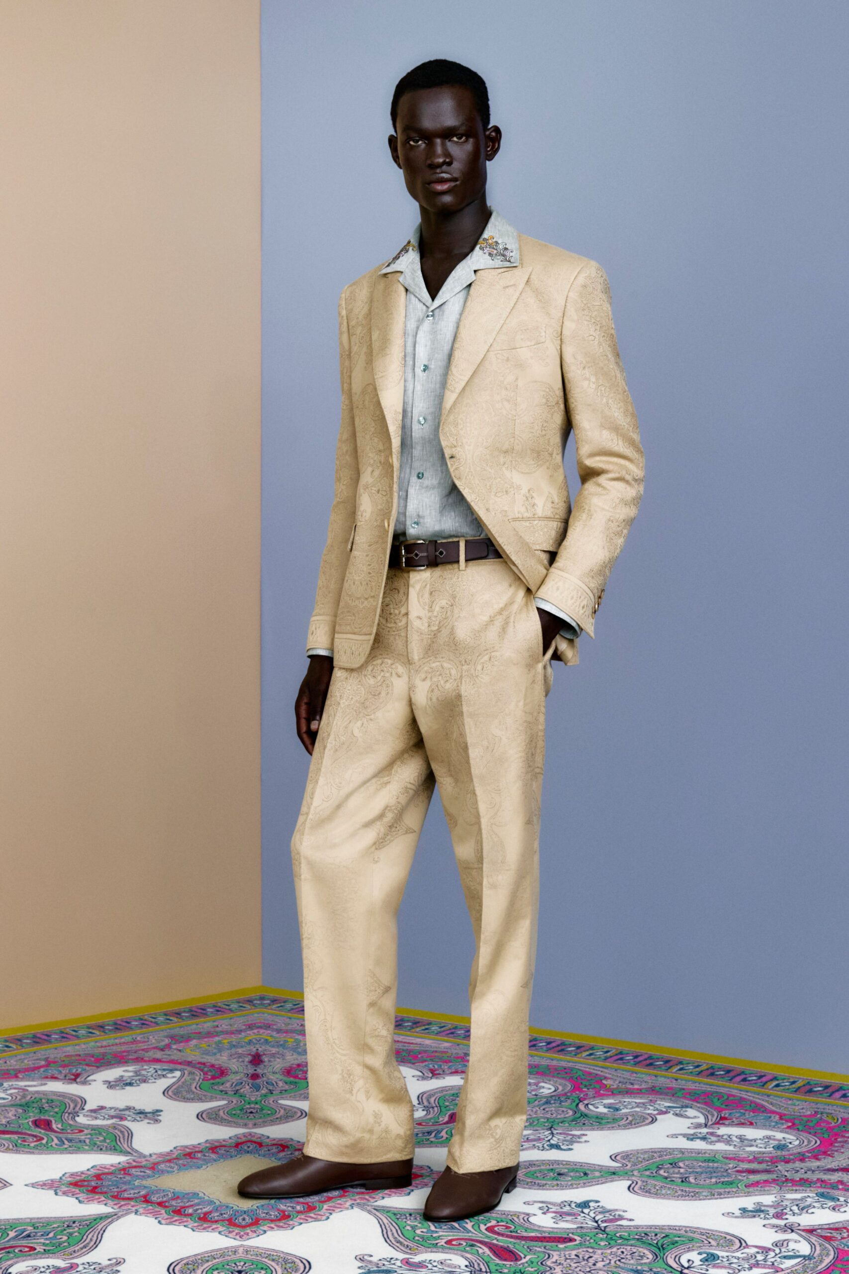 beige silk long-sleeve collared tailored embroidered suit