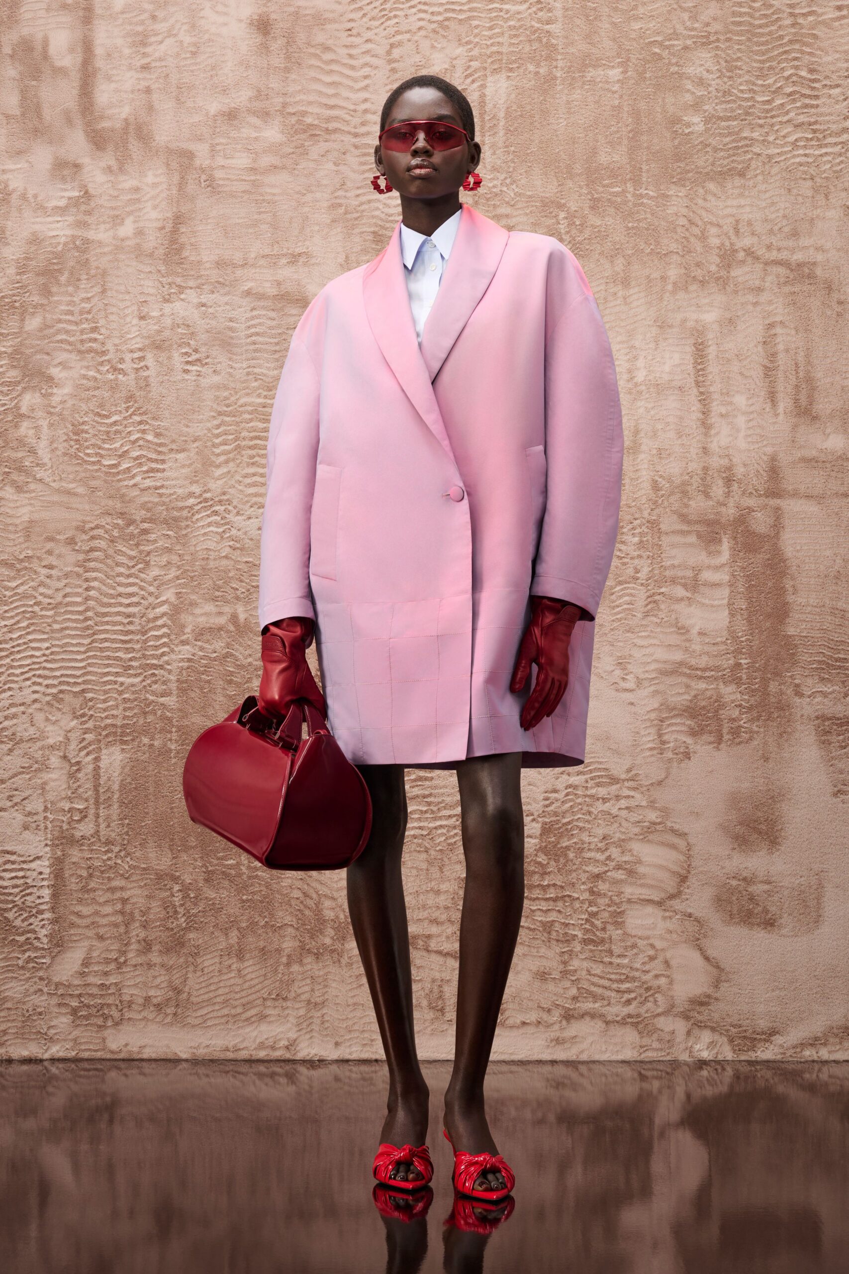 pink cotton long-sleeve collared oversized buttoned coat
