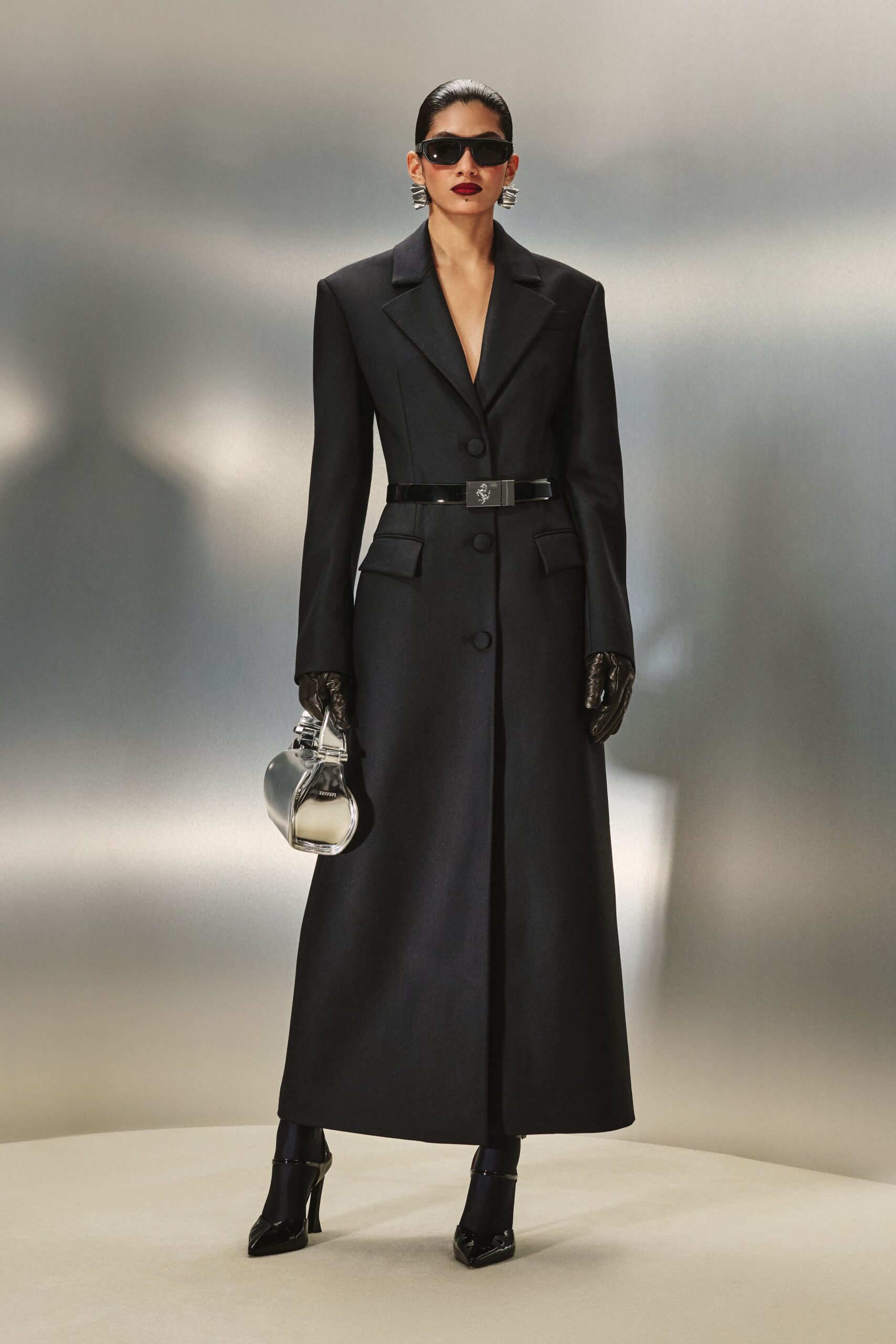 black wool long-sleeve v-neck tailored buttoned belted coat