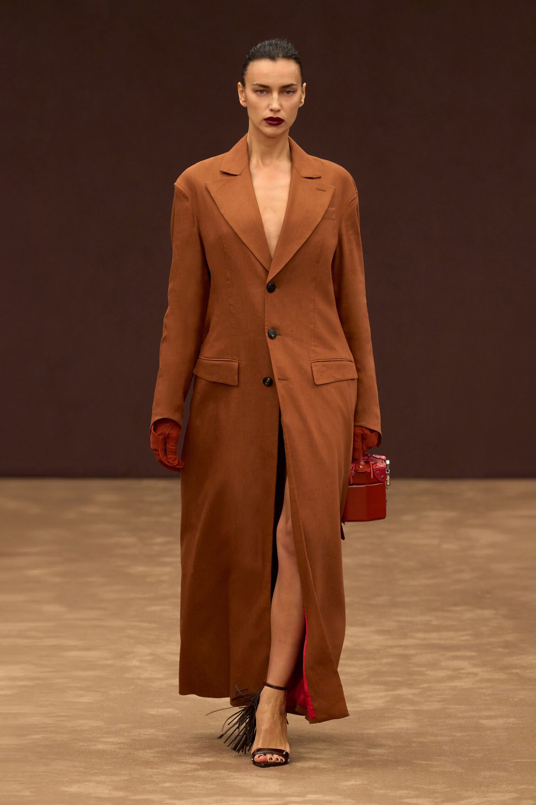 brown cotton long-sleeve collared tailored buttoned maxi coat
