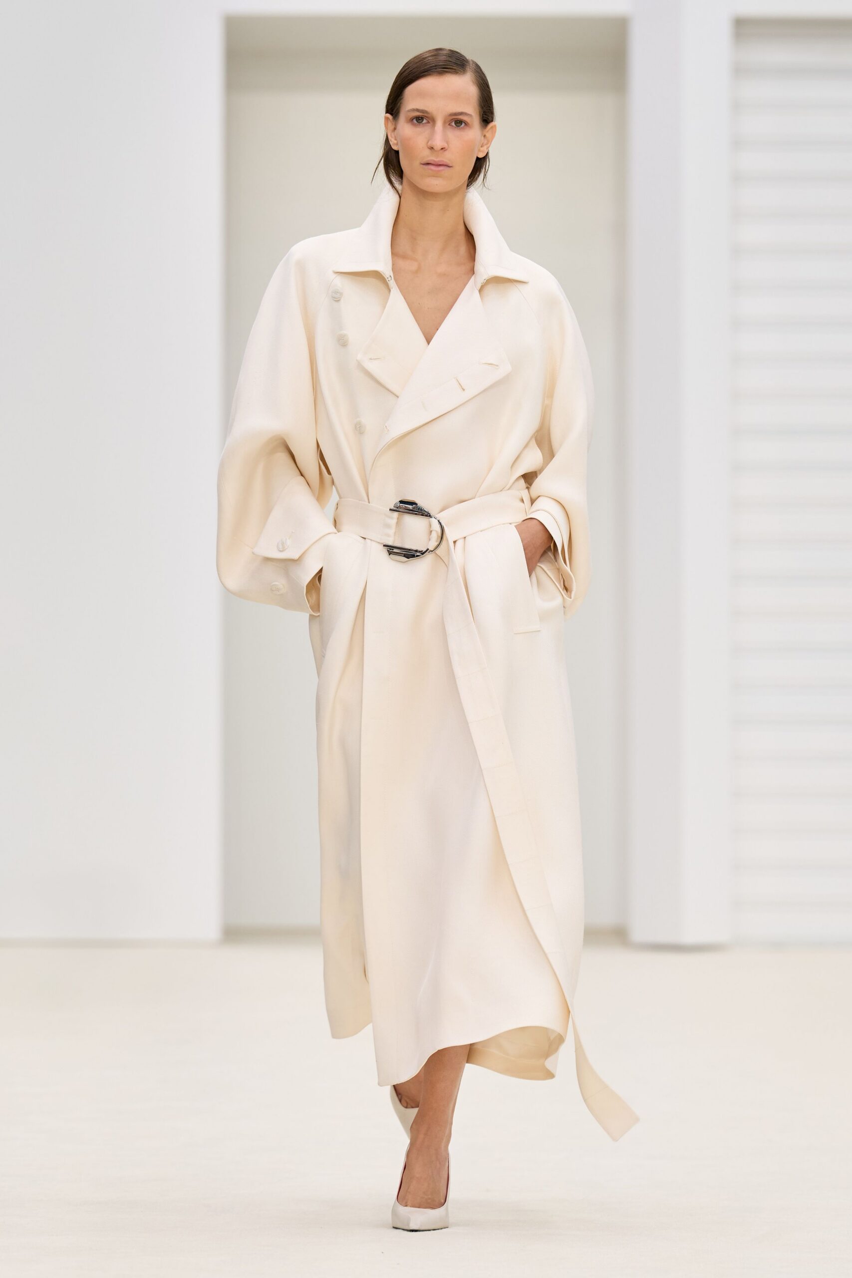 white wool long-sleeve collared relaxed belted buttoned coat