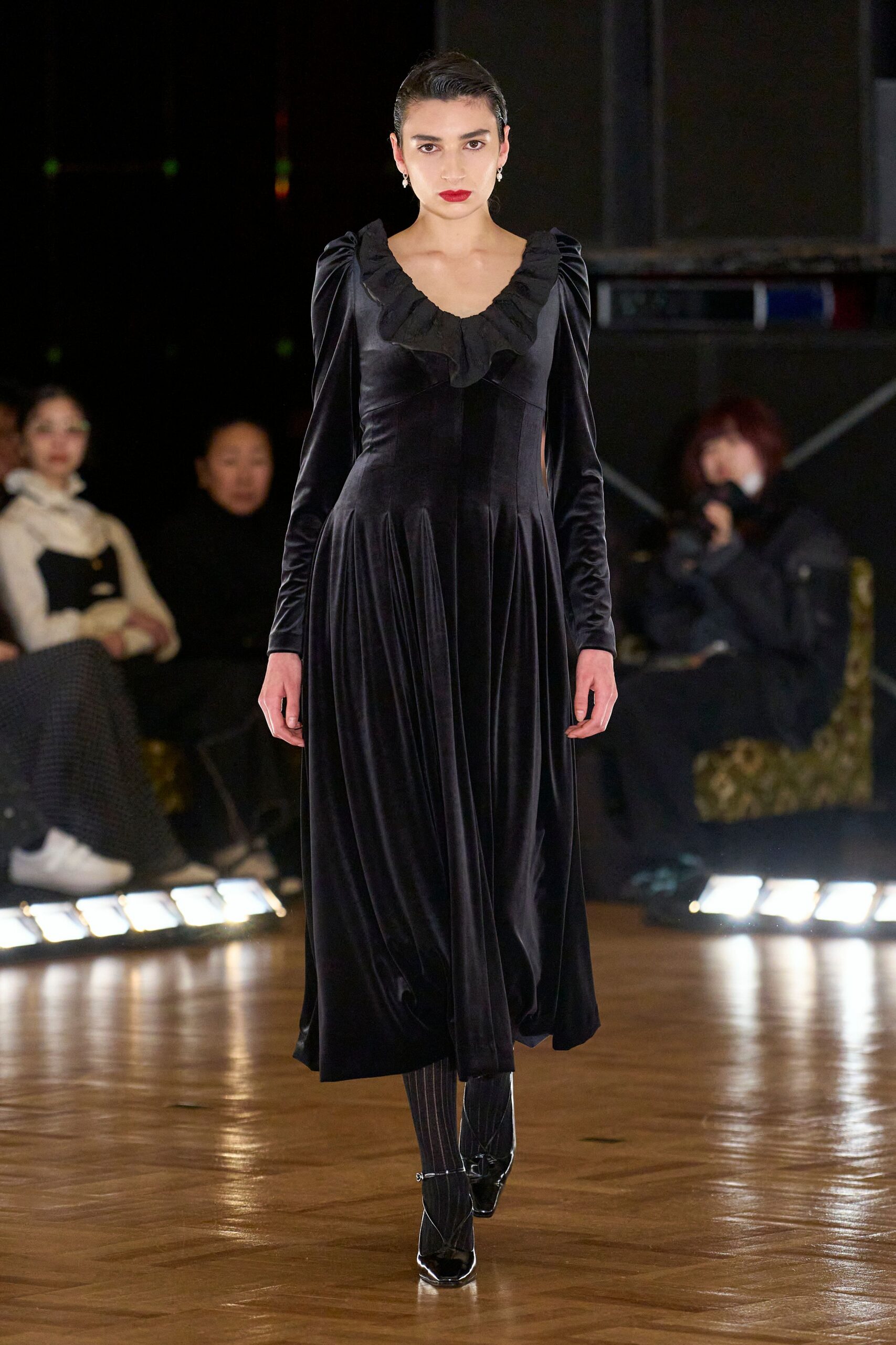 black velvet midi dress with ruffles