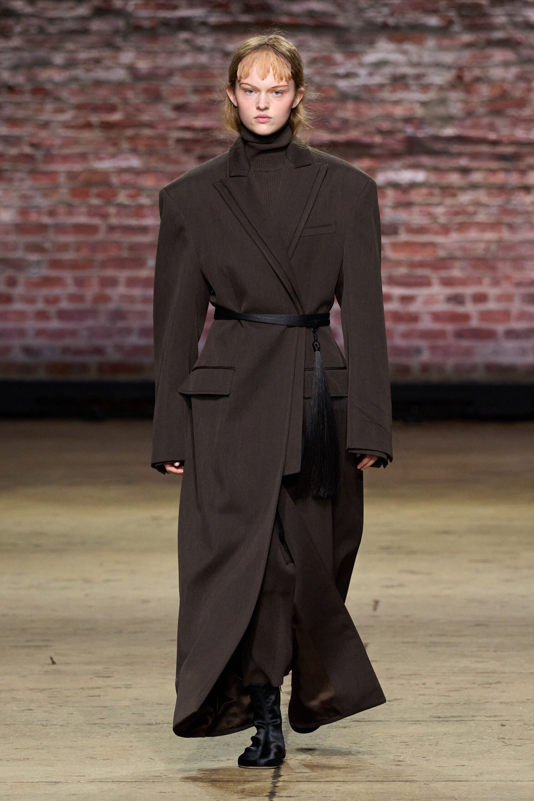 brown wool long-sleeve collared tailored belted maxi coat