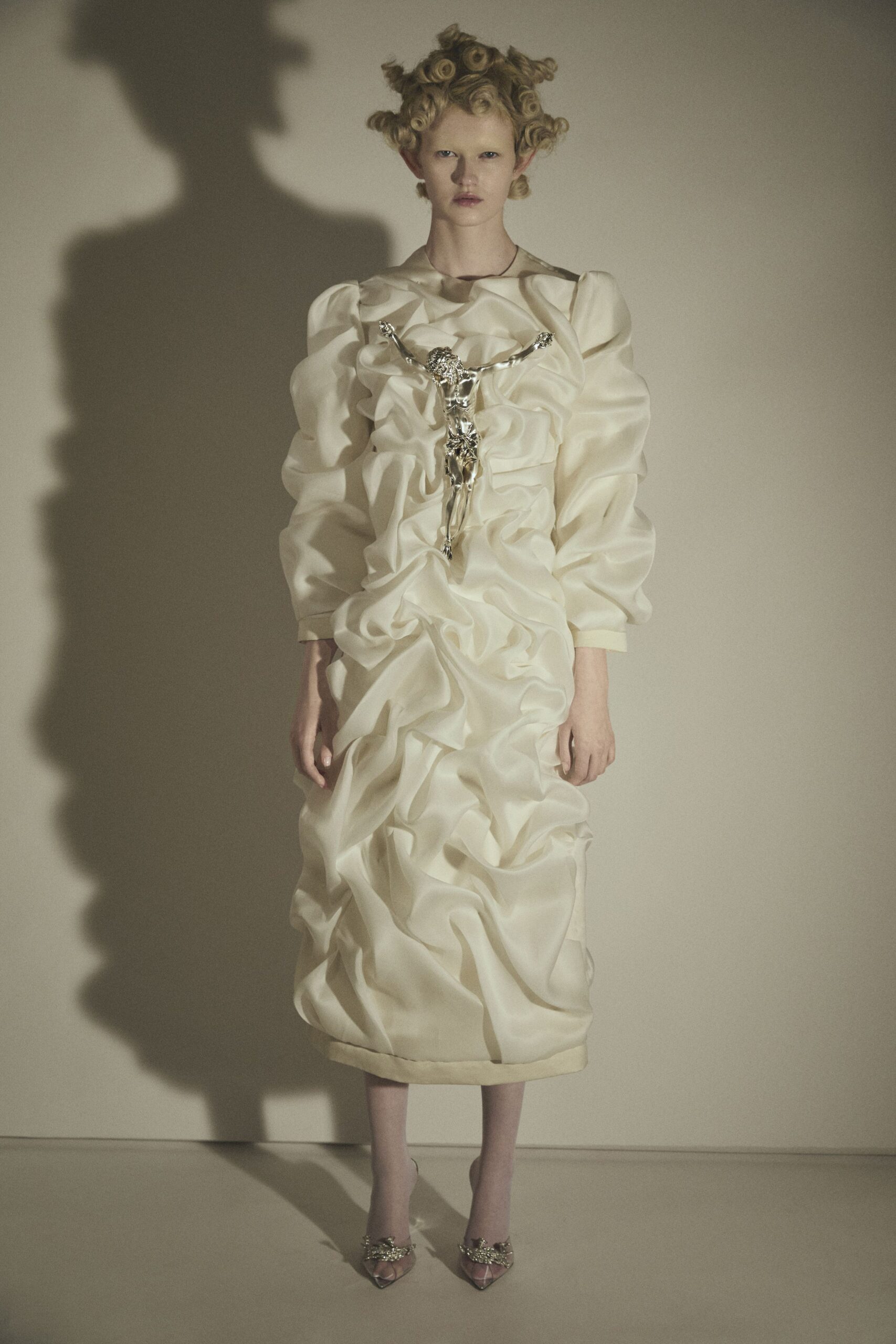 white silk ruffled midi dress