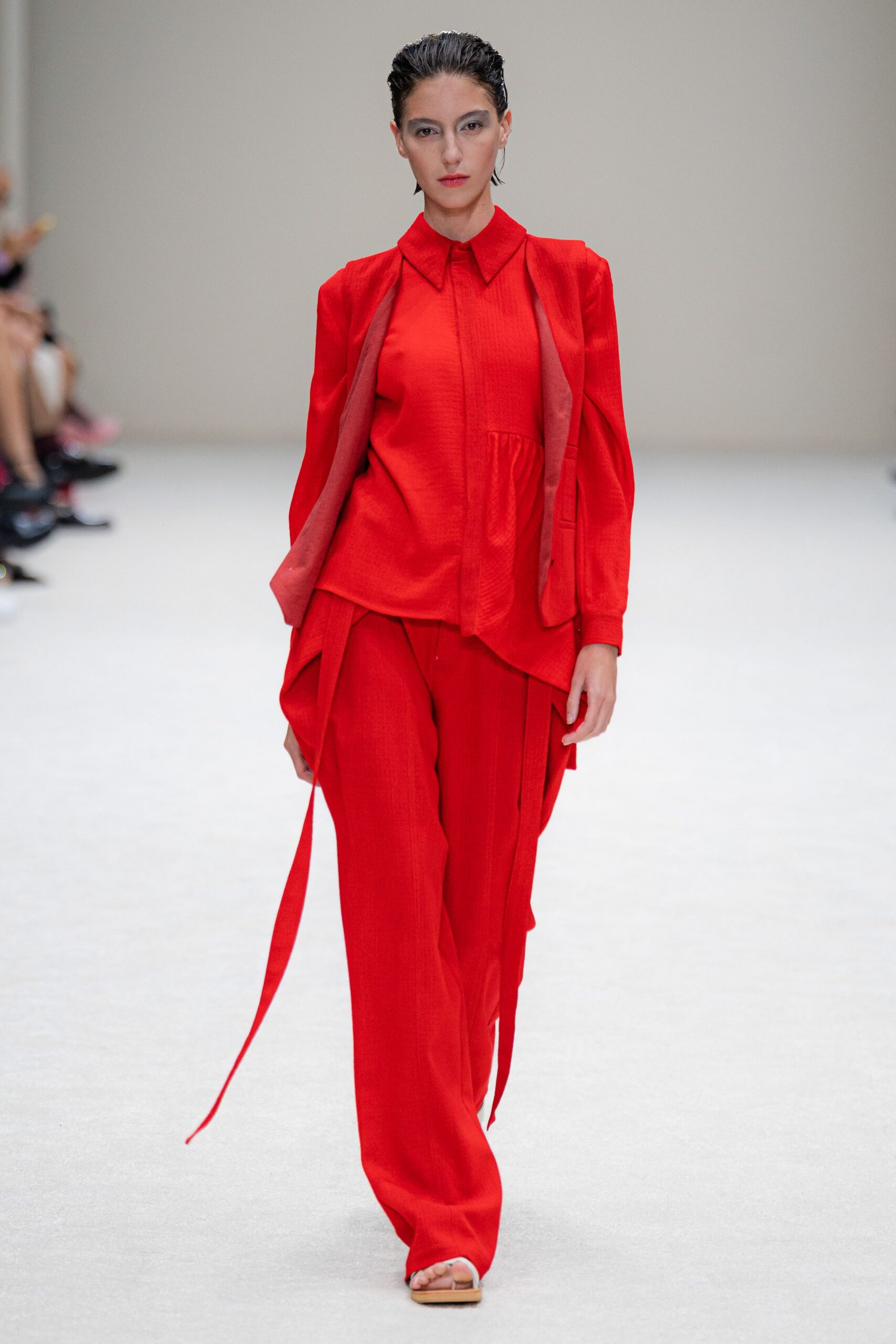 red cotton collared long-sleeve relaxed layered jacket