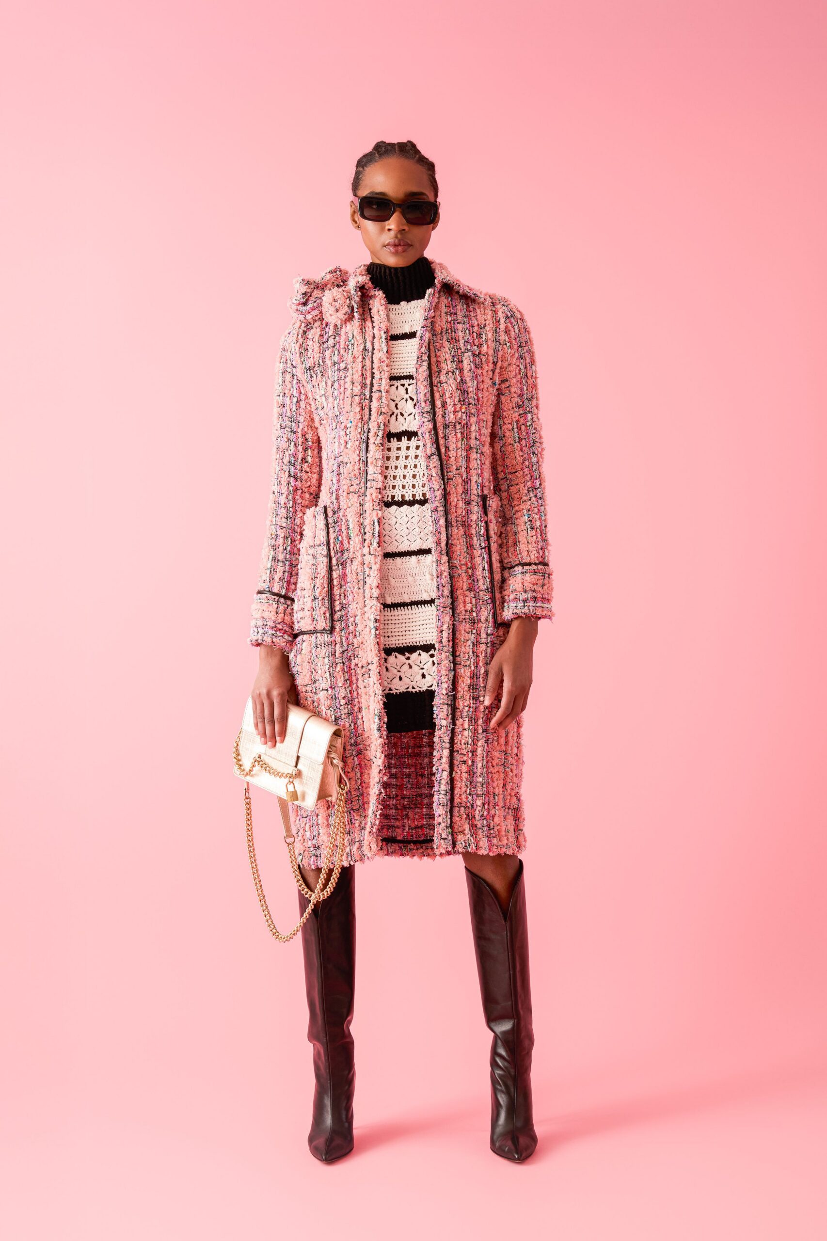 pink tweed long-sleeve collared relaxed buttoned pockets coat