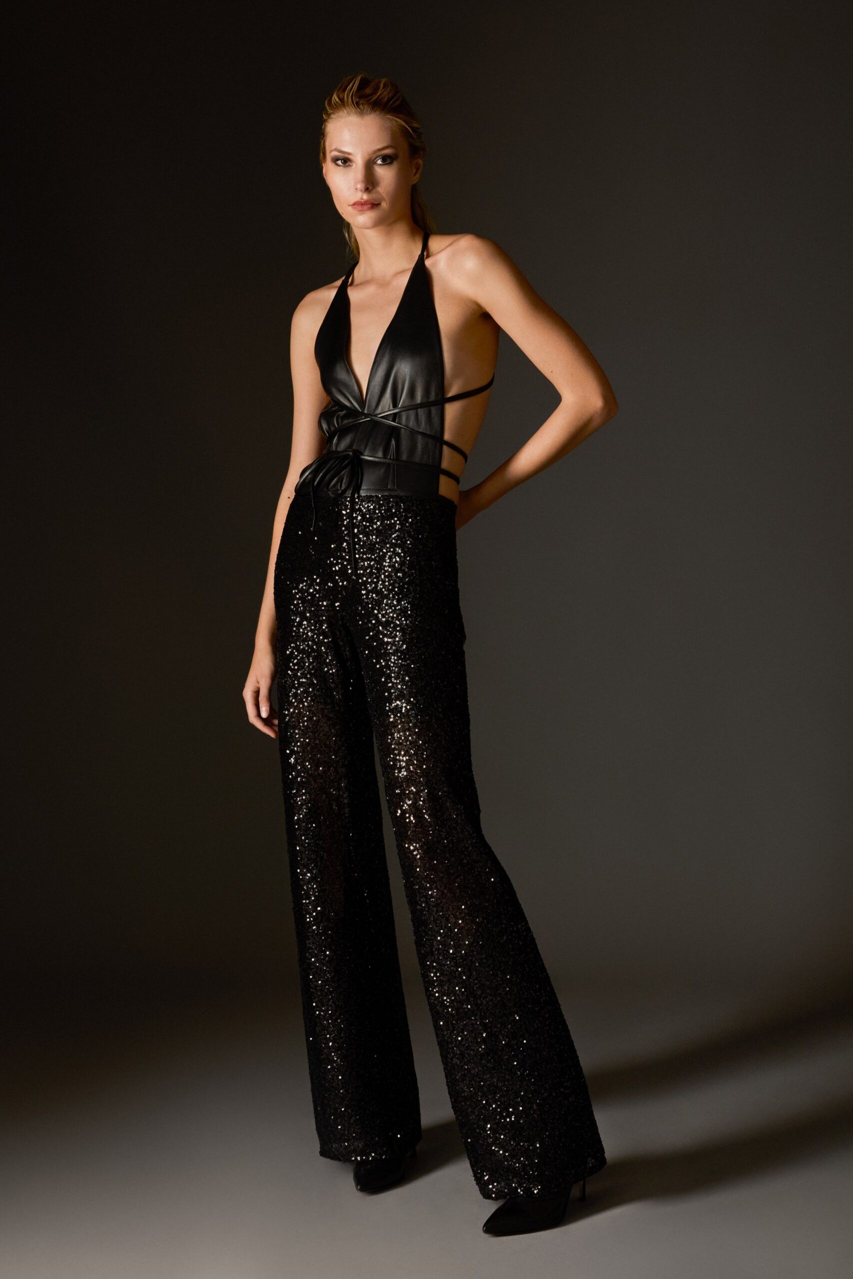black leather top with sequined pants