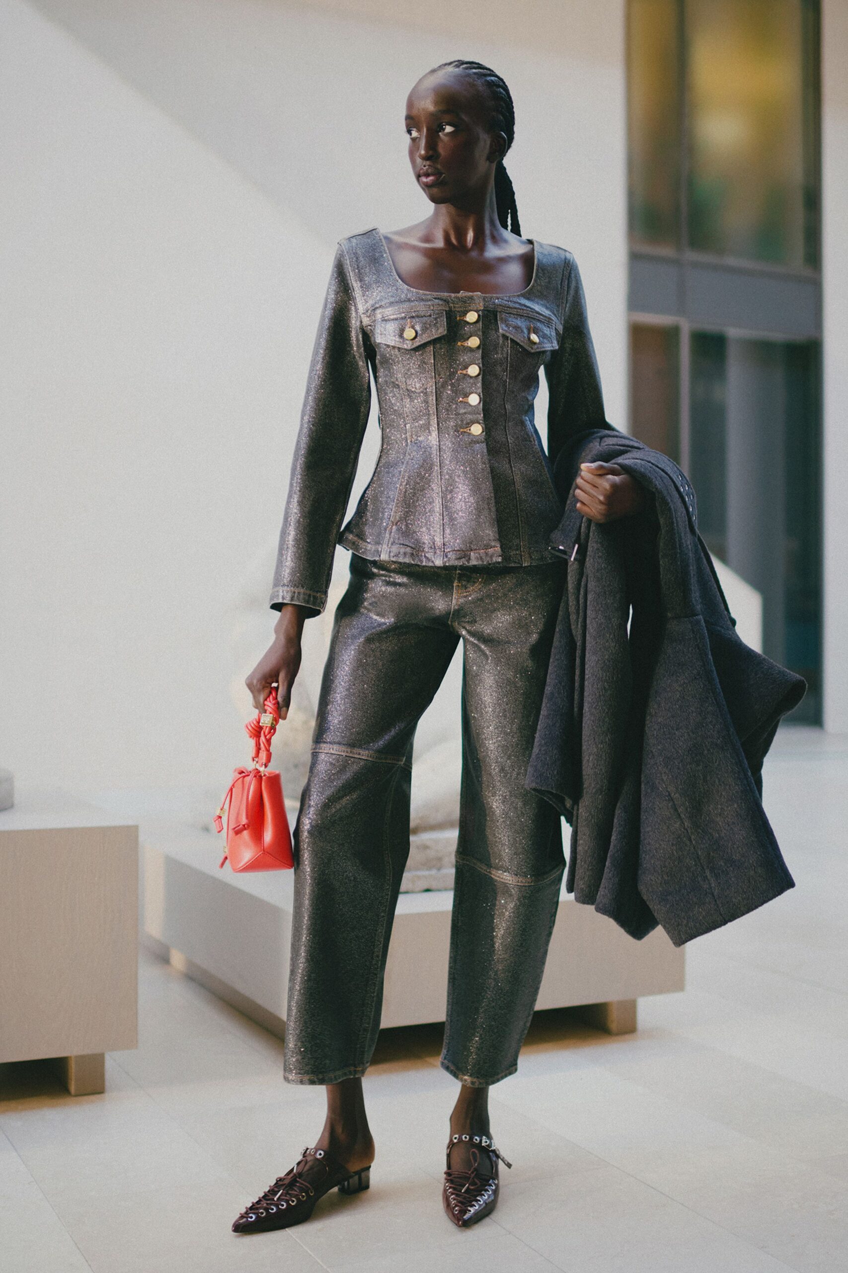 gray denim jacket with relaxed pants
