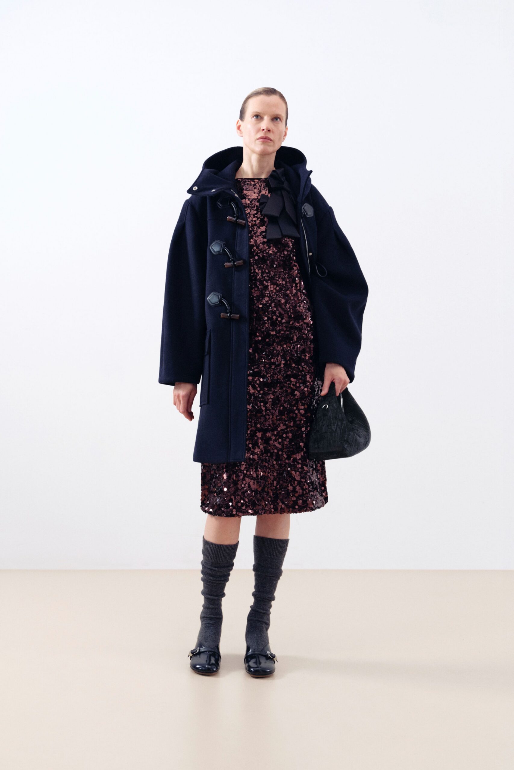 blue wool hooded double-breasted oversized coat