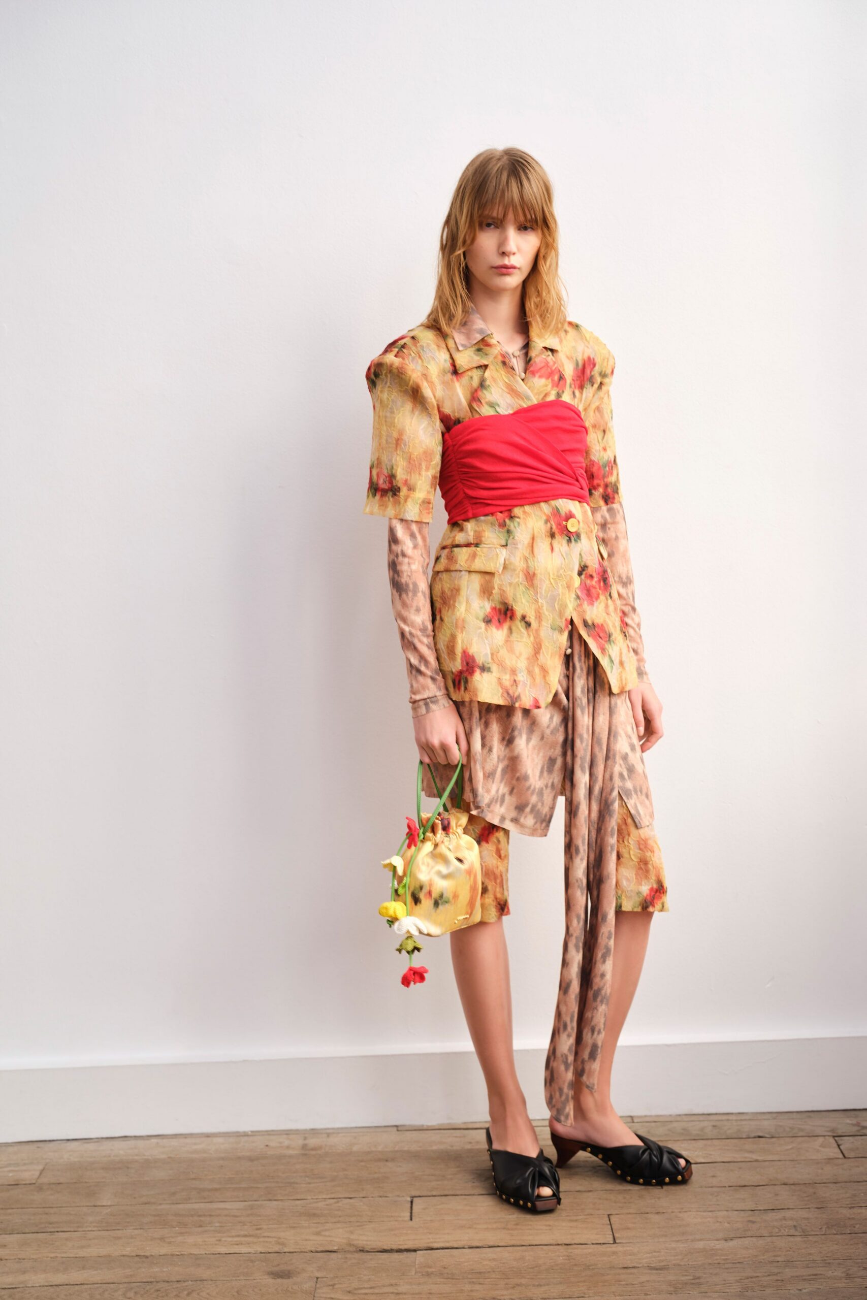 multi cotton short-sleeve collared fitted floral buttoned blazer