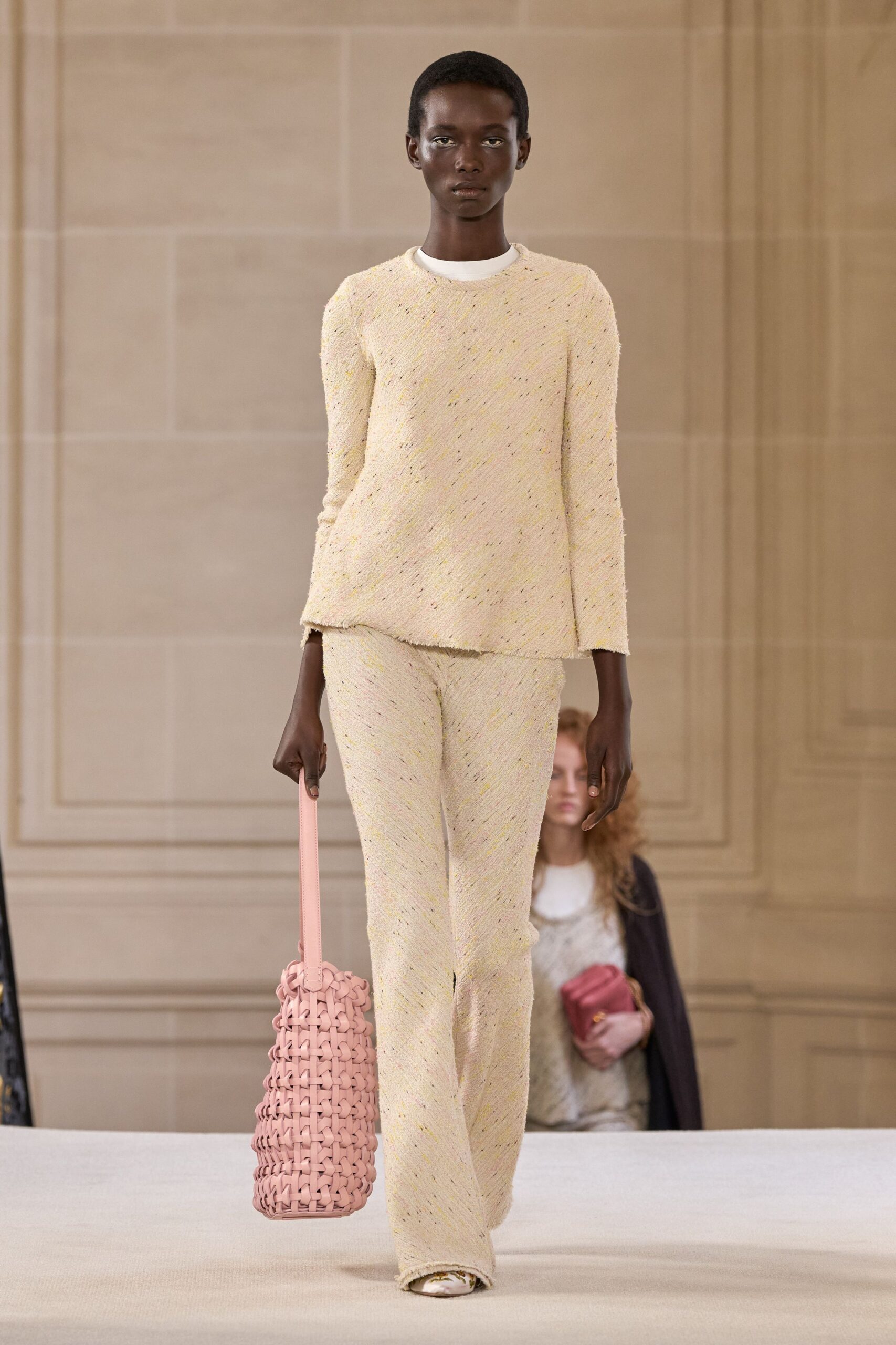 yellow tweed long-sleeve collared relaxed layered top