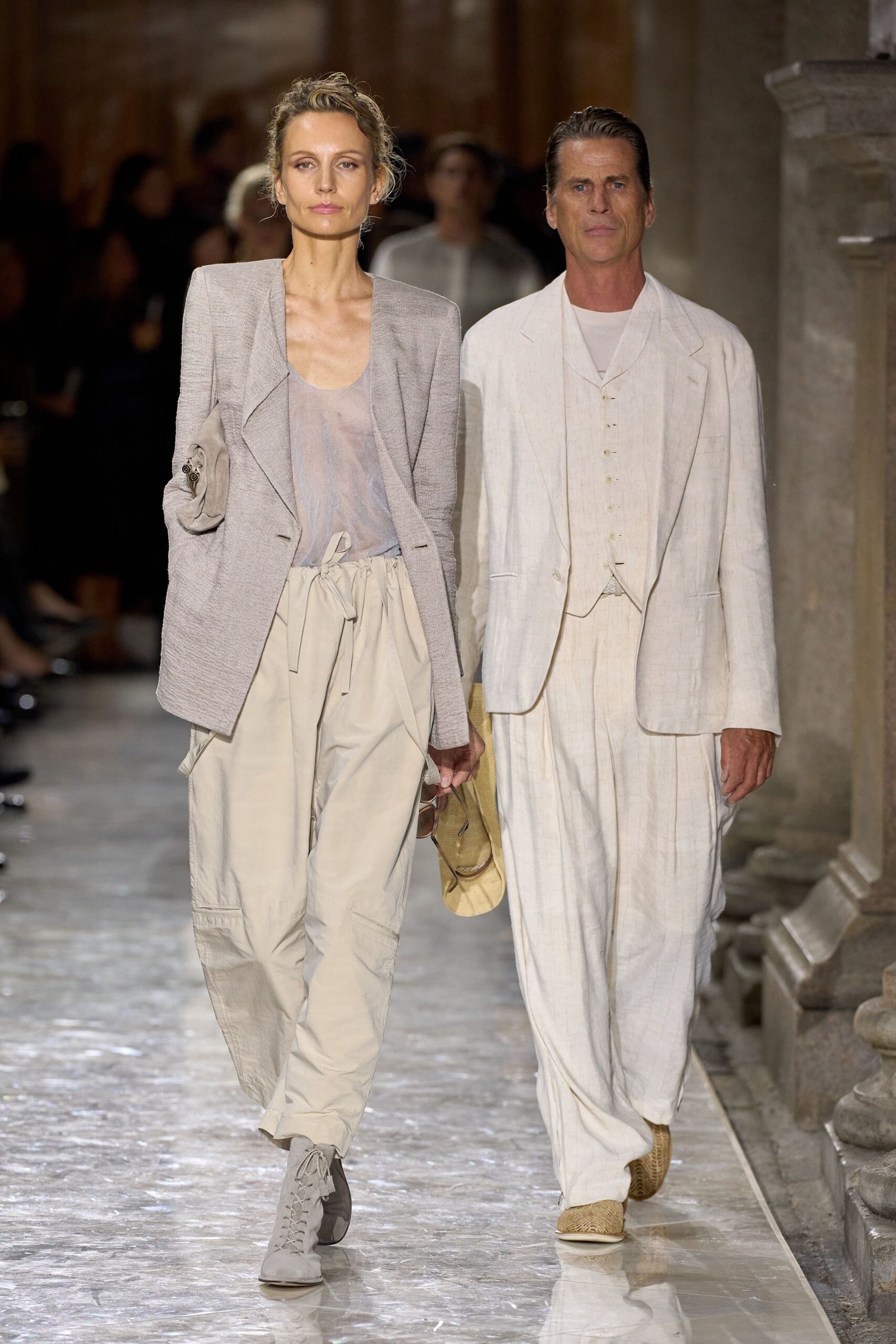 beige linen tailored blazer and gray relaxed top