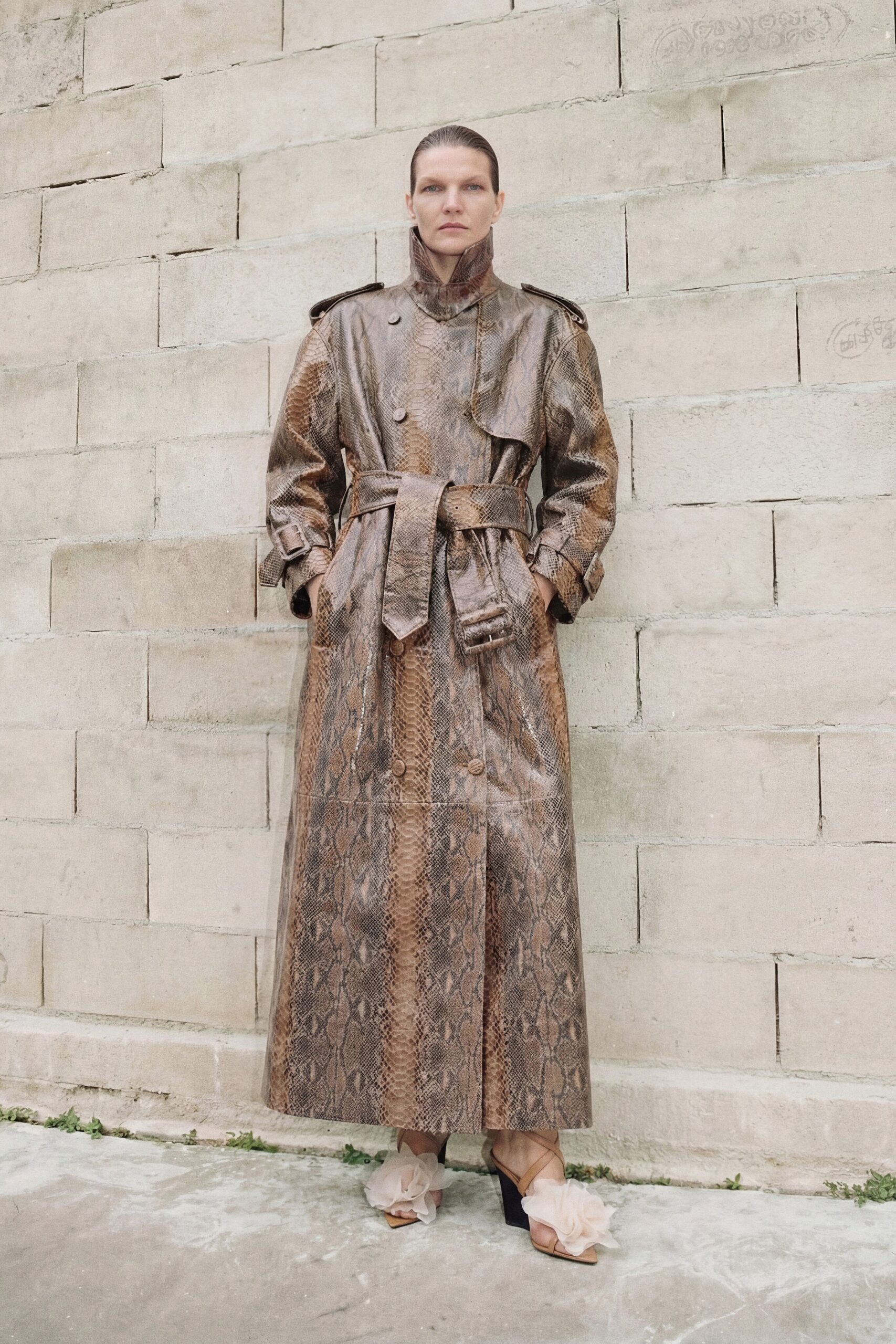 brown leather long-sleeve collared relaxed belted printed trench