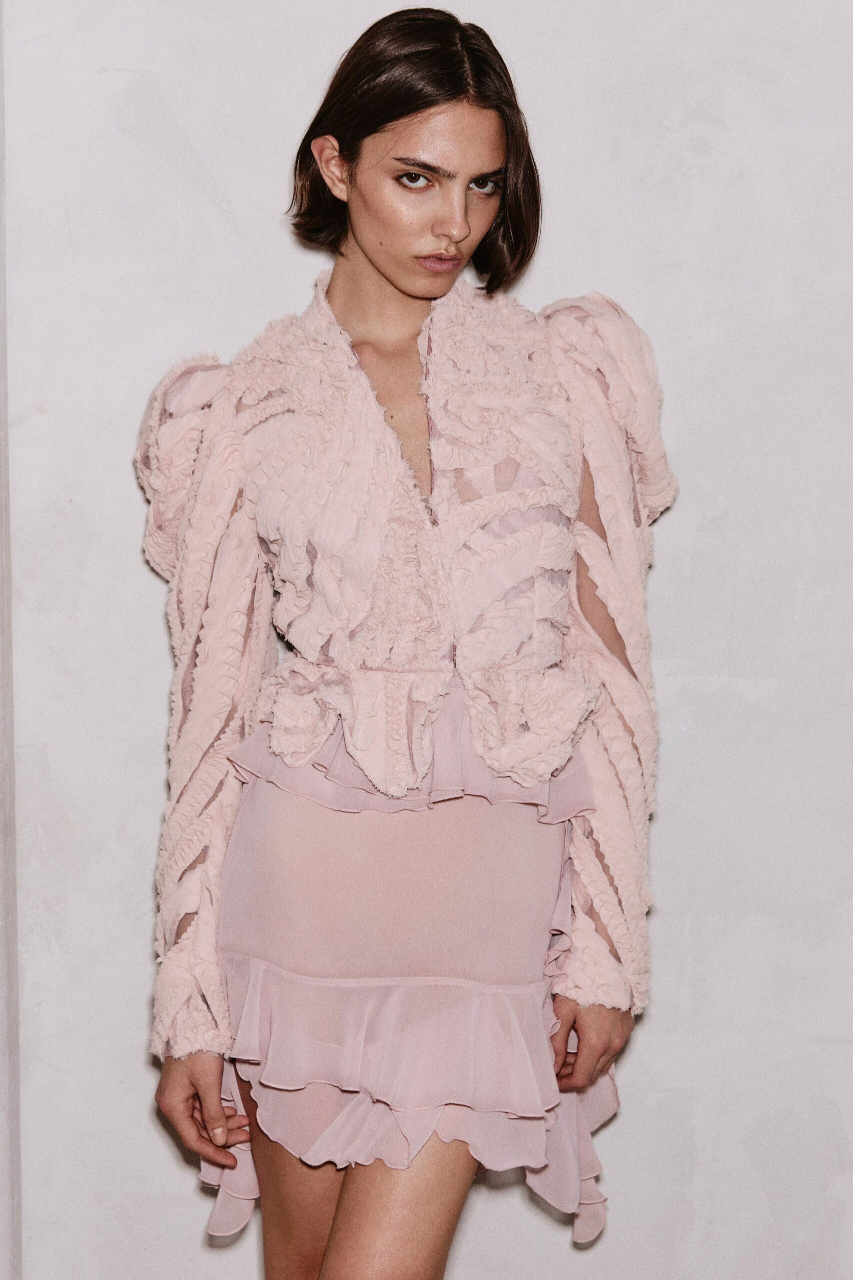 pink silk long-sleeve v-neck fitted ruffled layered dress