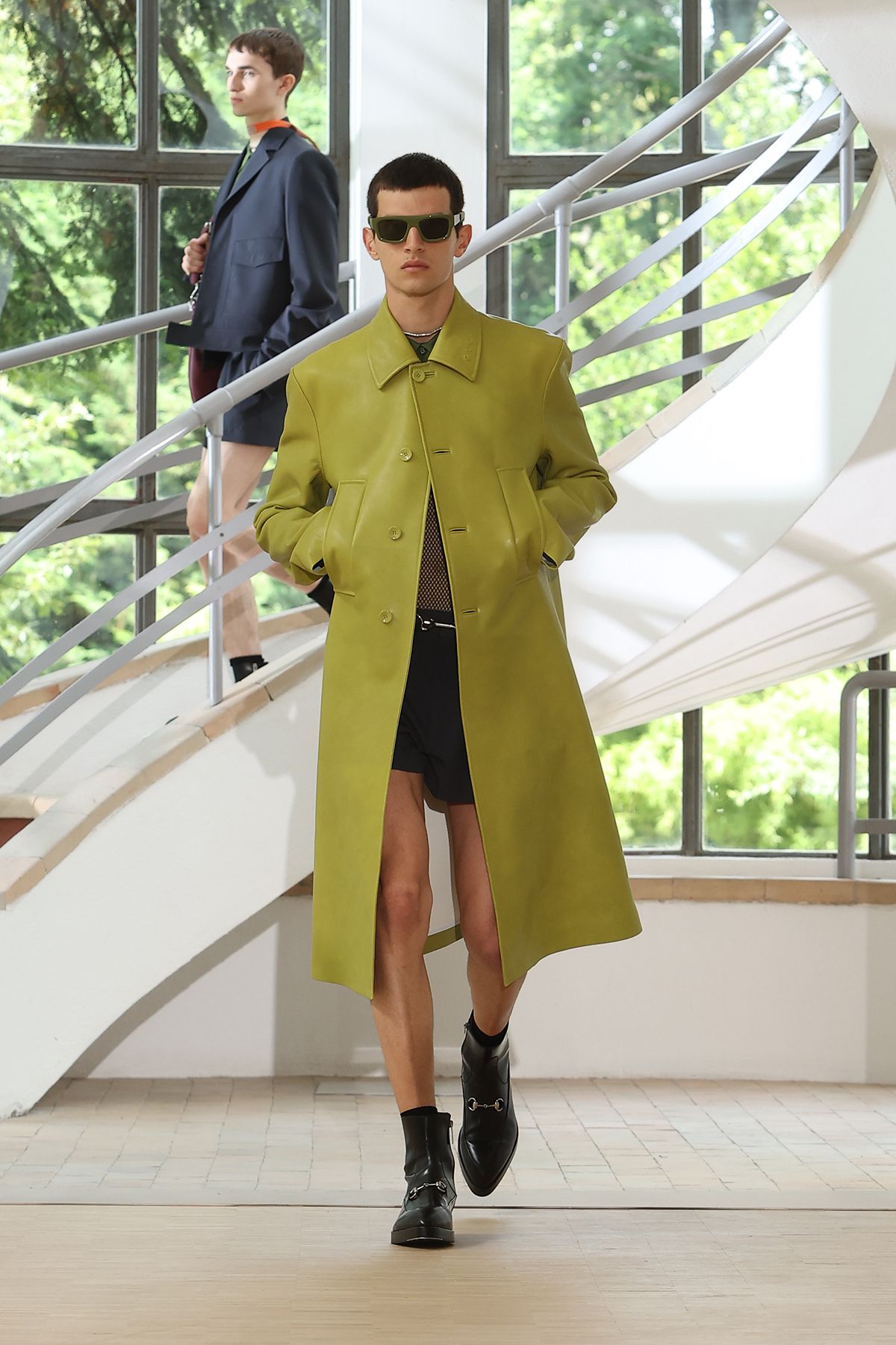 green leather long-sleeve collared fitted coat