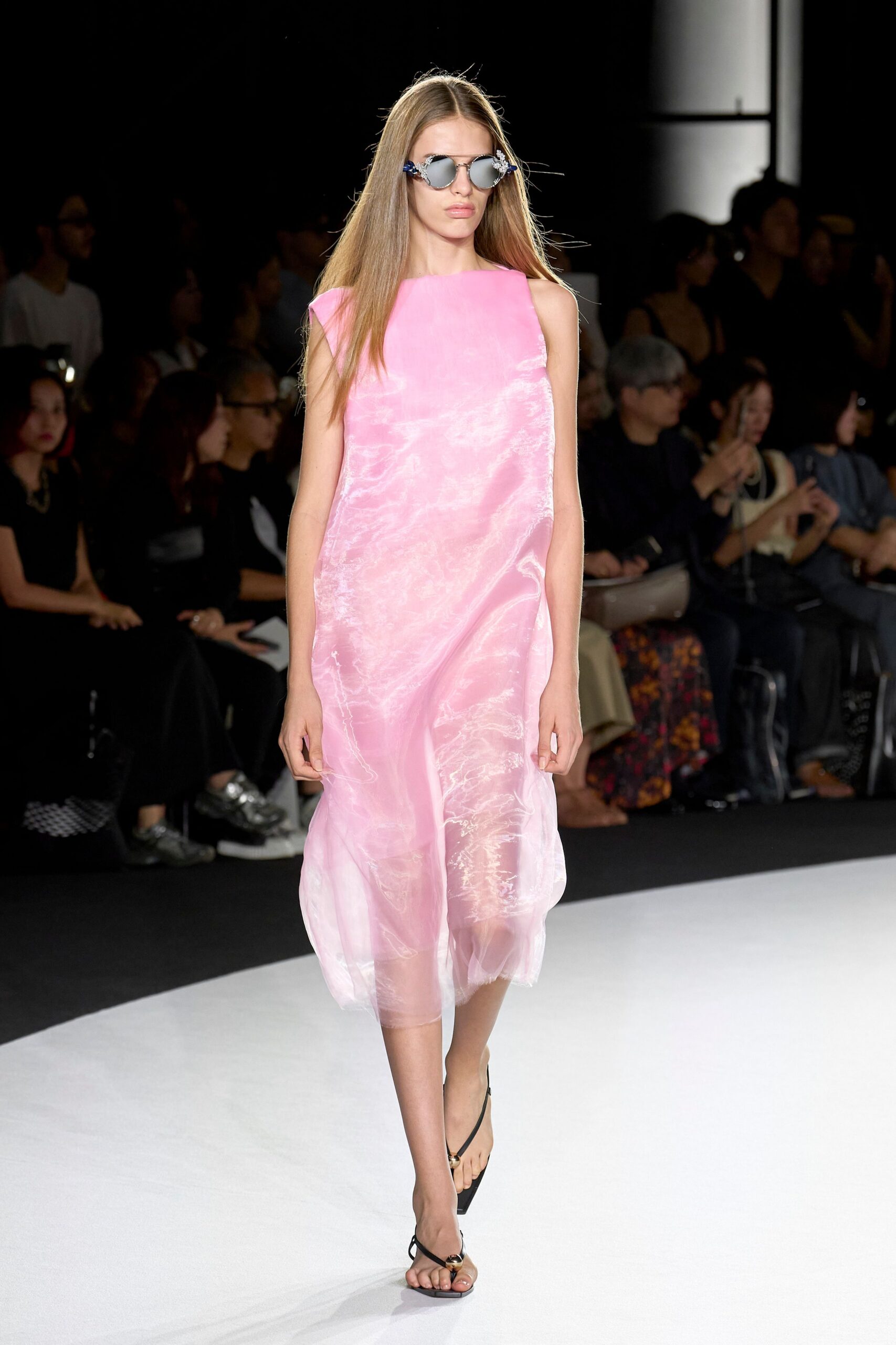 pink sheer midi dress with sunglasses