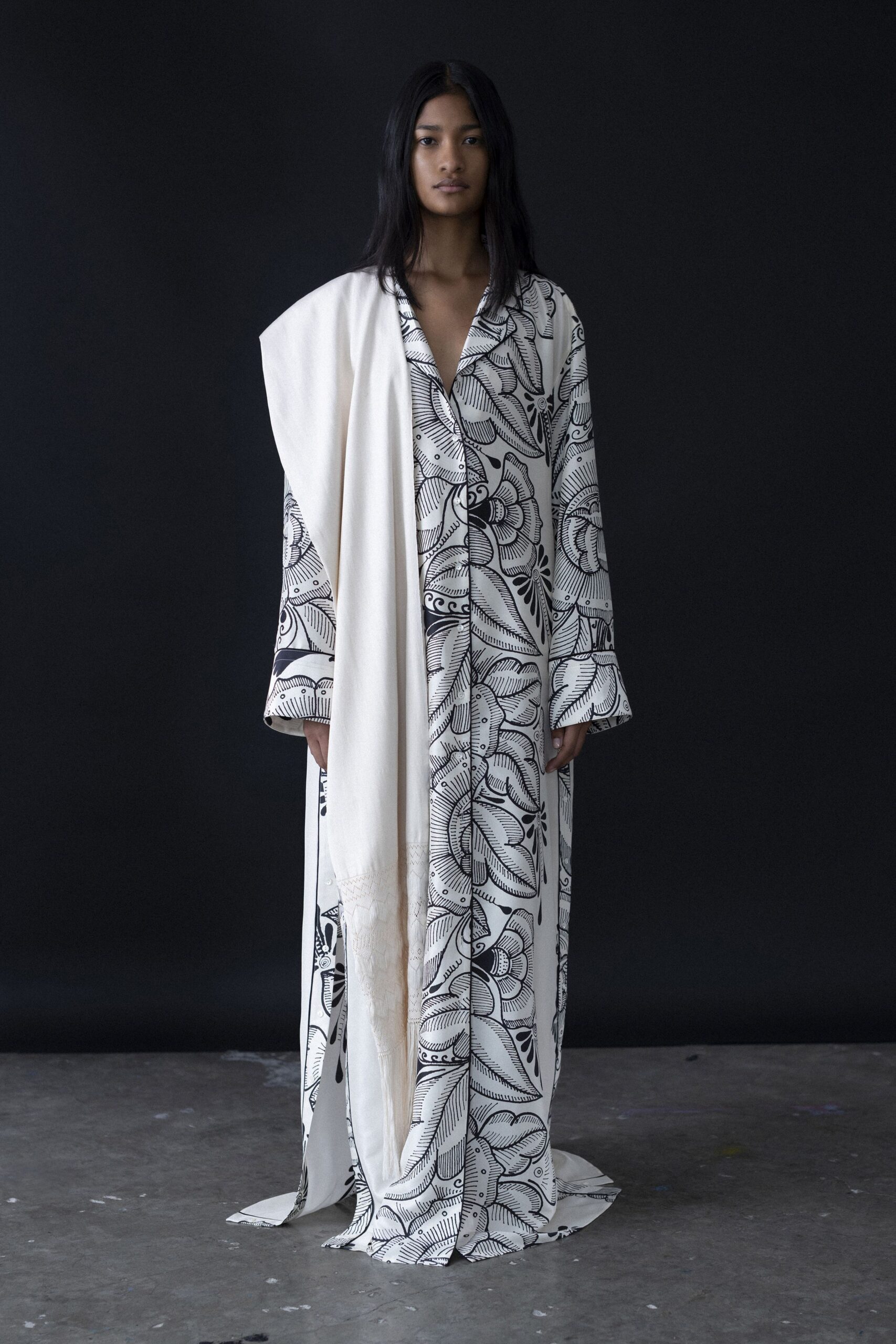 black and white printed maxi dress with scarf