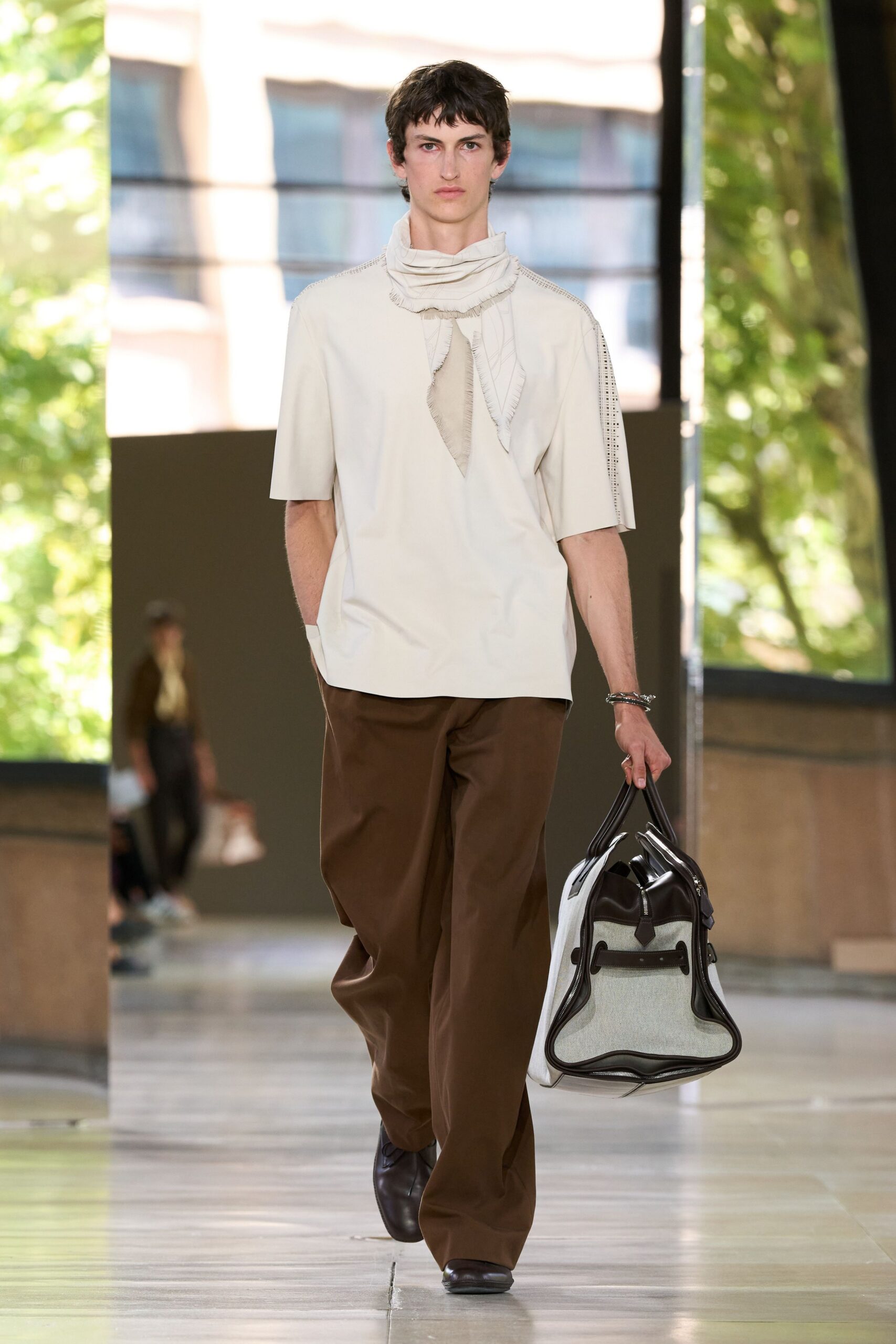 white t-shirt brown pants