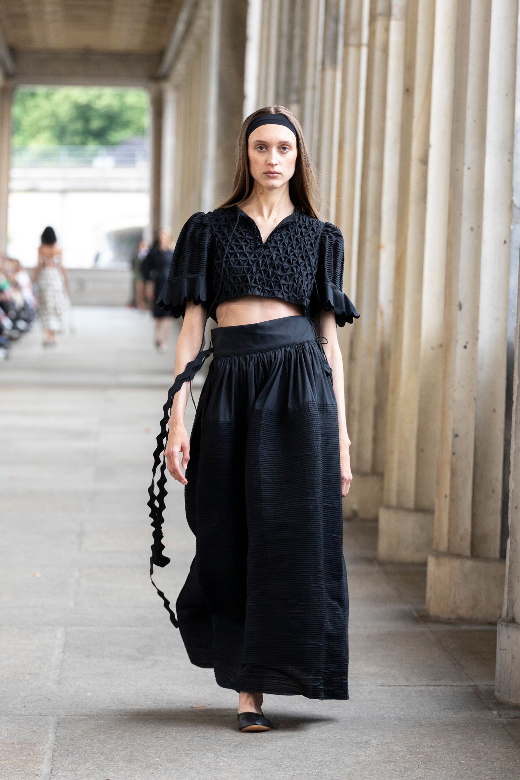 black embroidered top and maxi skirt
