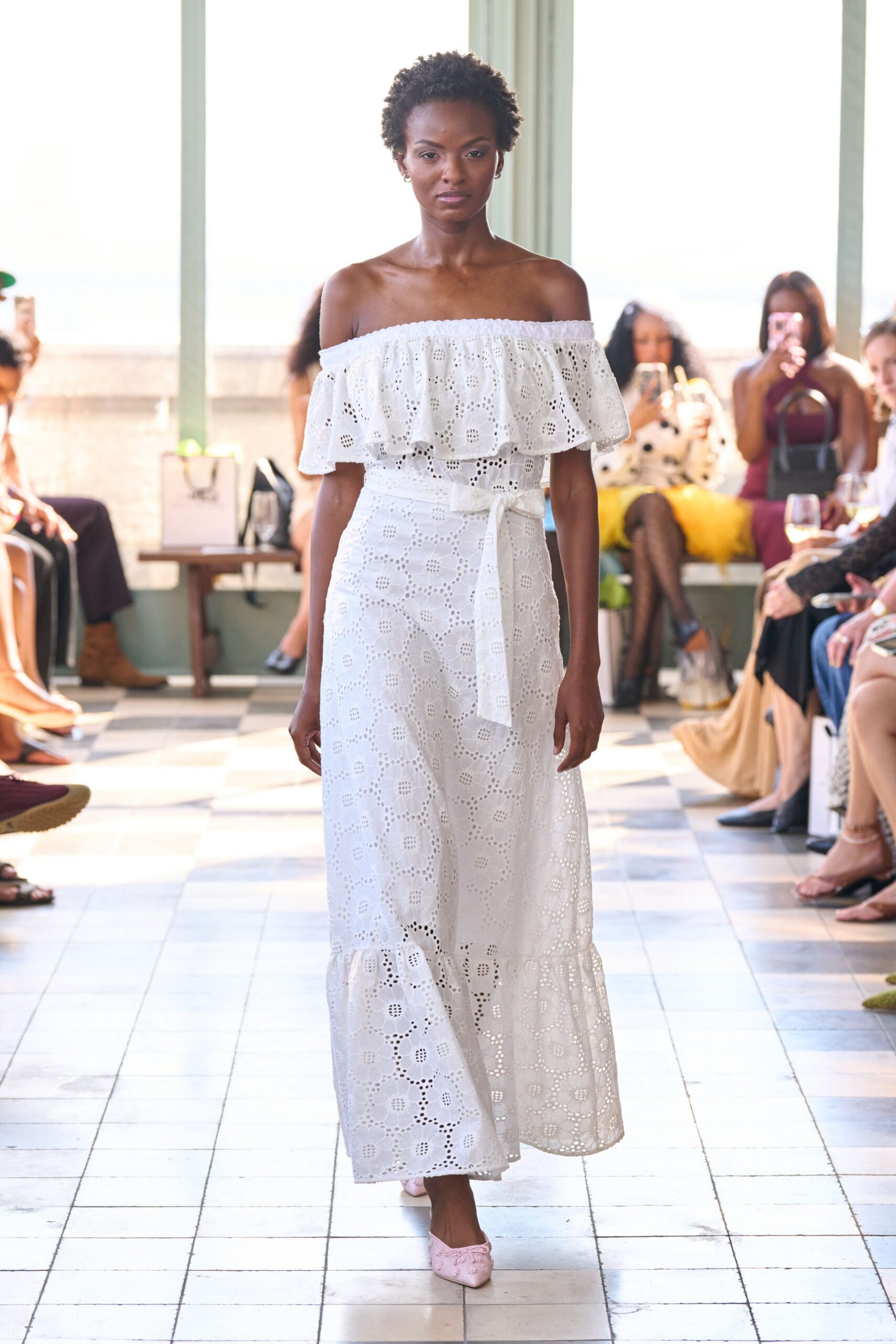 white cotton sleeveless off-shoulder fitted ruffled tiered dress