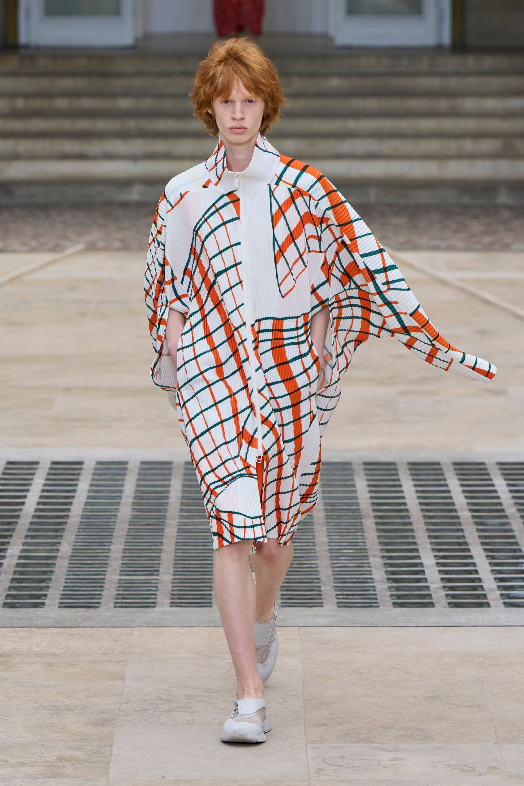 printed midi dress with white shoes