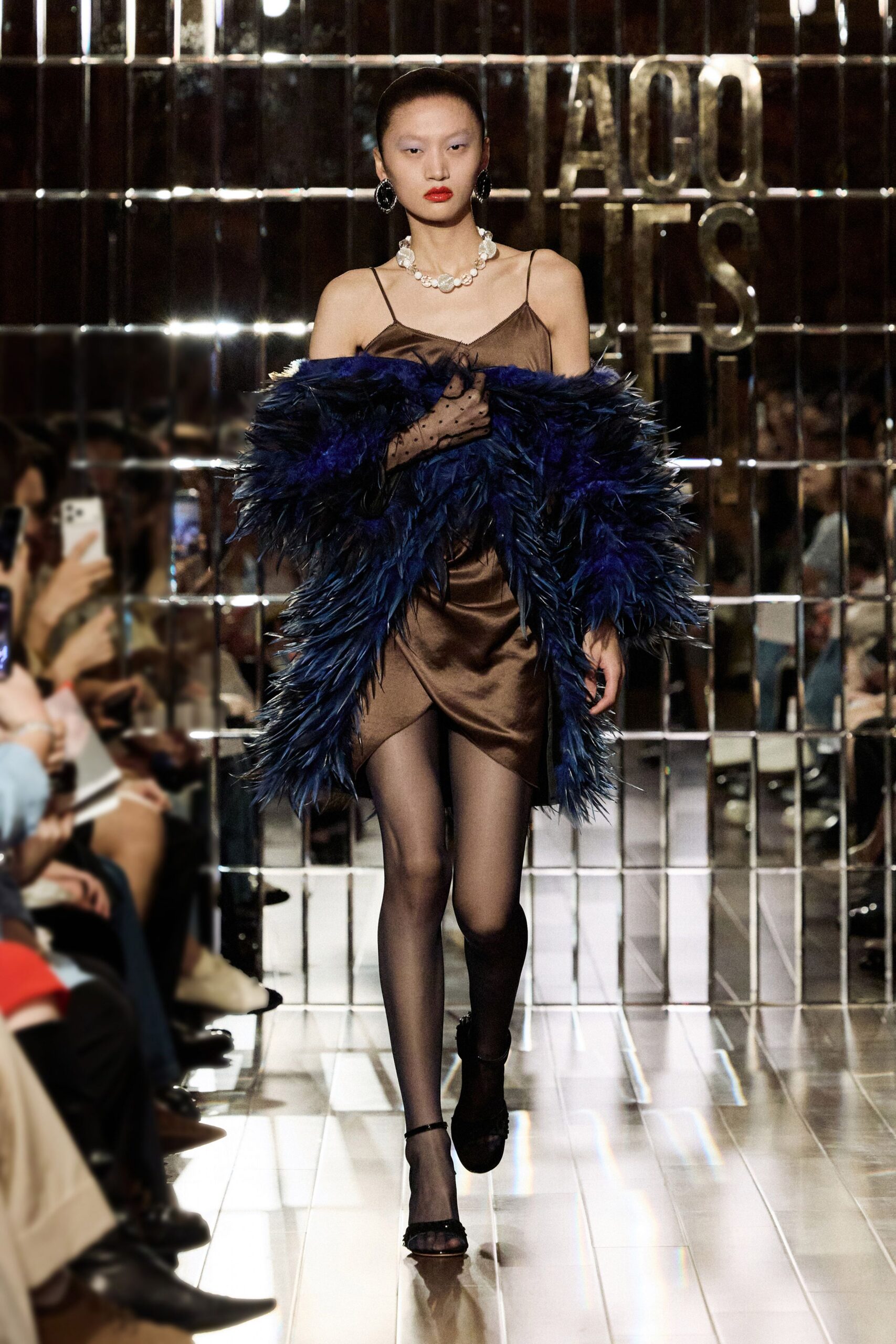 brown silk mini dress with blue feather coat