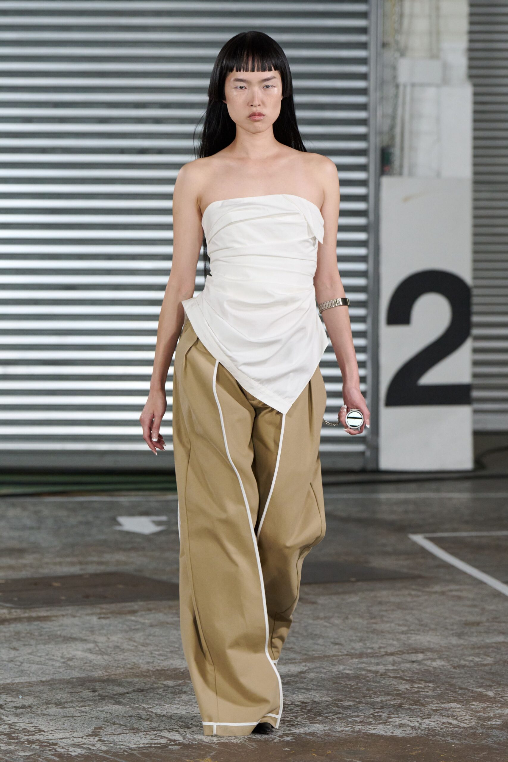 white cotton strapless fitted draped top