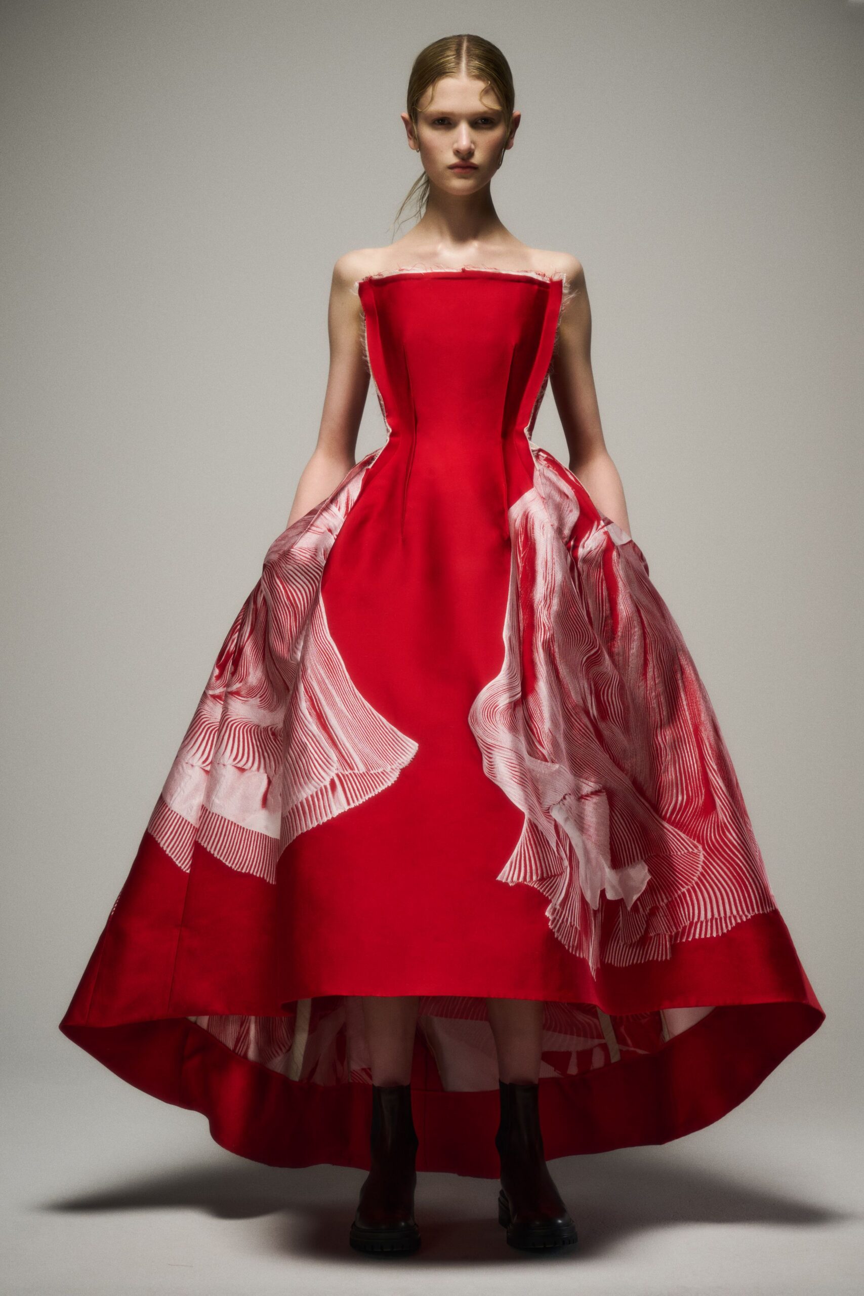 red silk strapless fitted pleated layered maxi gown