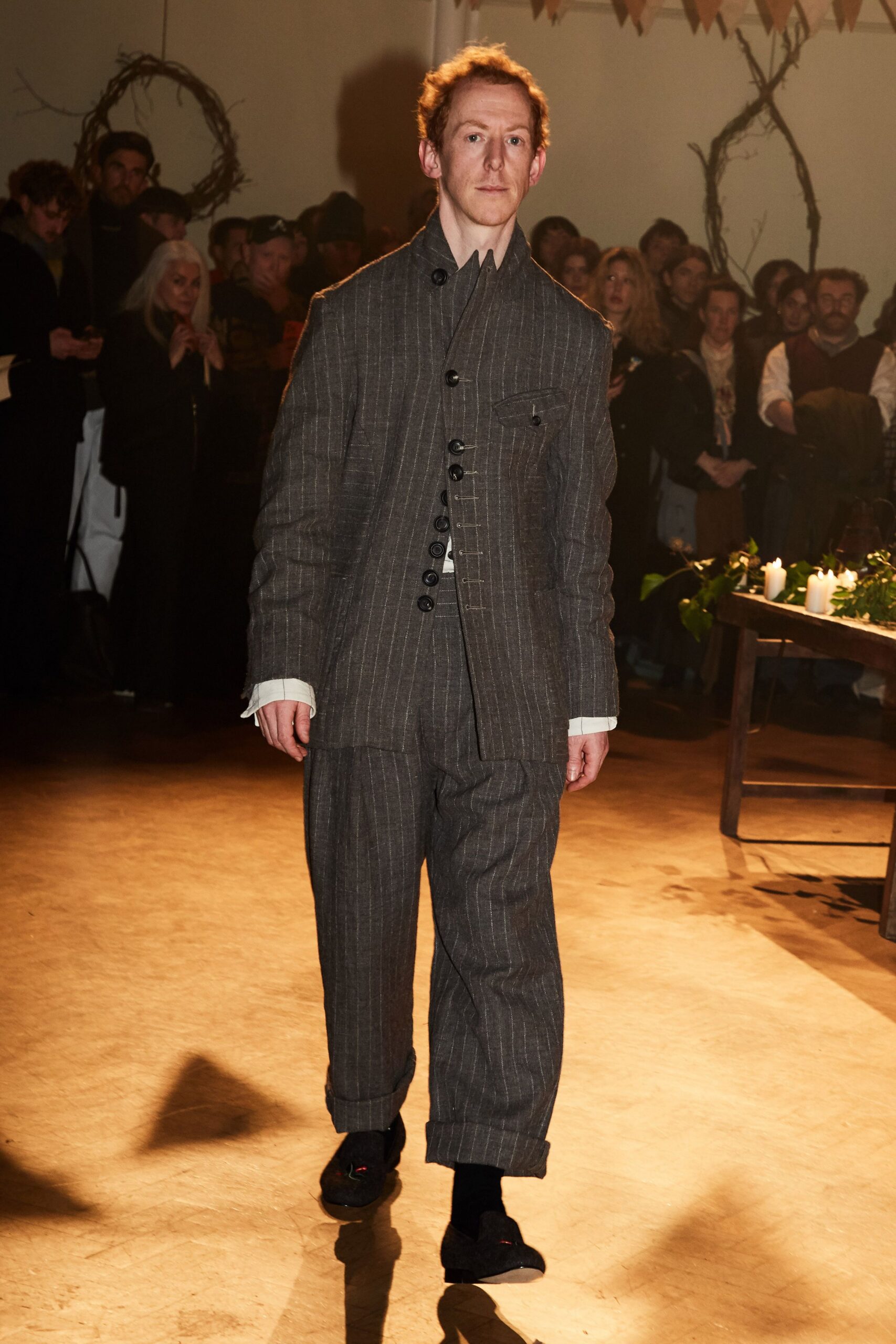 gray wool long-sleeve collared tailored striped buttoned suit